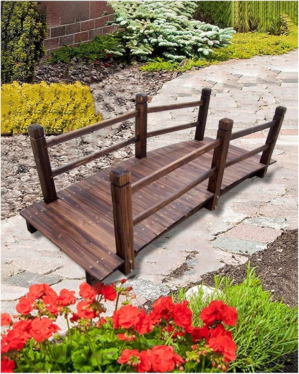Wooden Garden Bridge, Wood Arc Footbridge, Outdoors Arch Walkway Bridge with Railing, Rustic Walking Bridge for Landscaping Backyard Path(150cm (5ft))