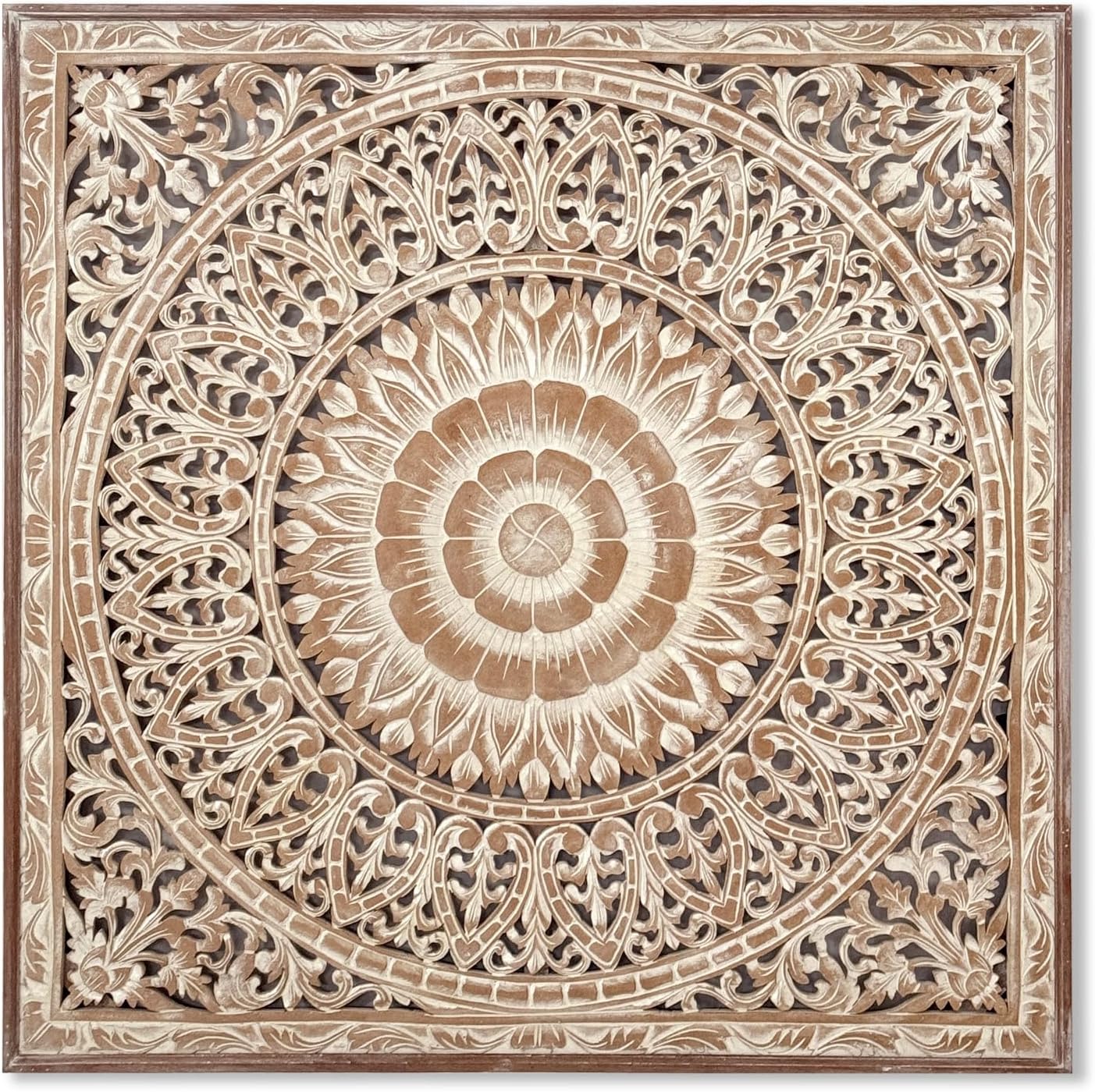 KultureDeco Personalized Cendana Large Carved Wood Wall Panel - 43x43 in Antique Wash, Hand-Carved Mandala Wood Wall Art, Meaningful Gift for Loved Ones, Boho Large Wood Wall Decor