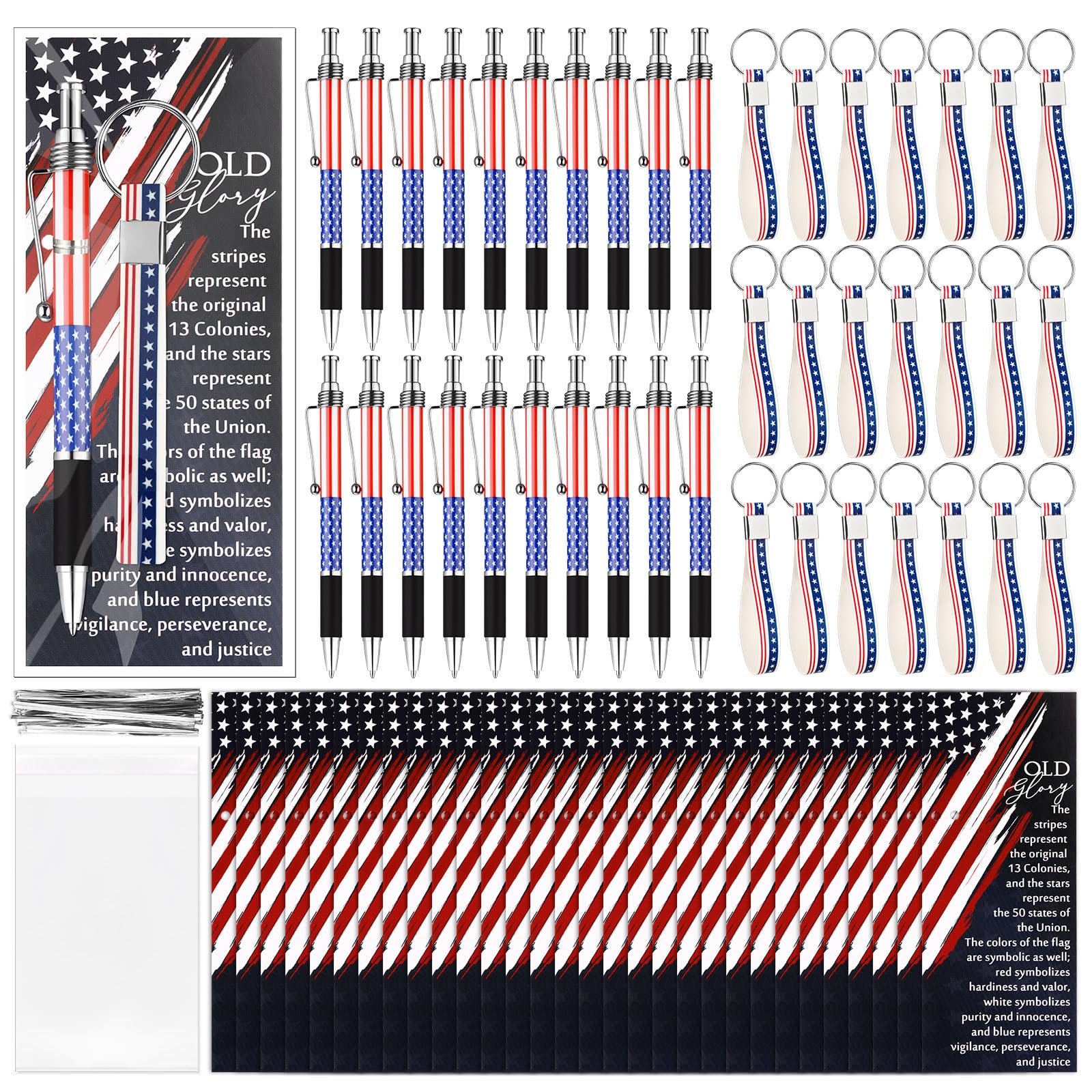 Sayglossy 90 Pcs Veterans Day Gifts Bulk Patriotic Party Favor American Flag Ballpoint Pens USA Keychains Bookmarks for Memorial Day Souvenir Gifts