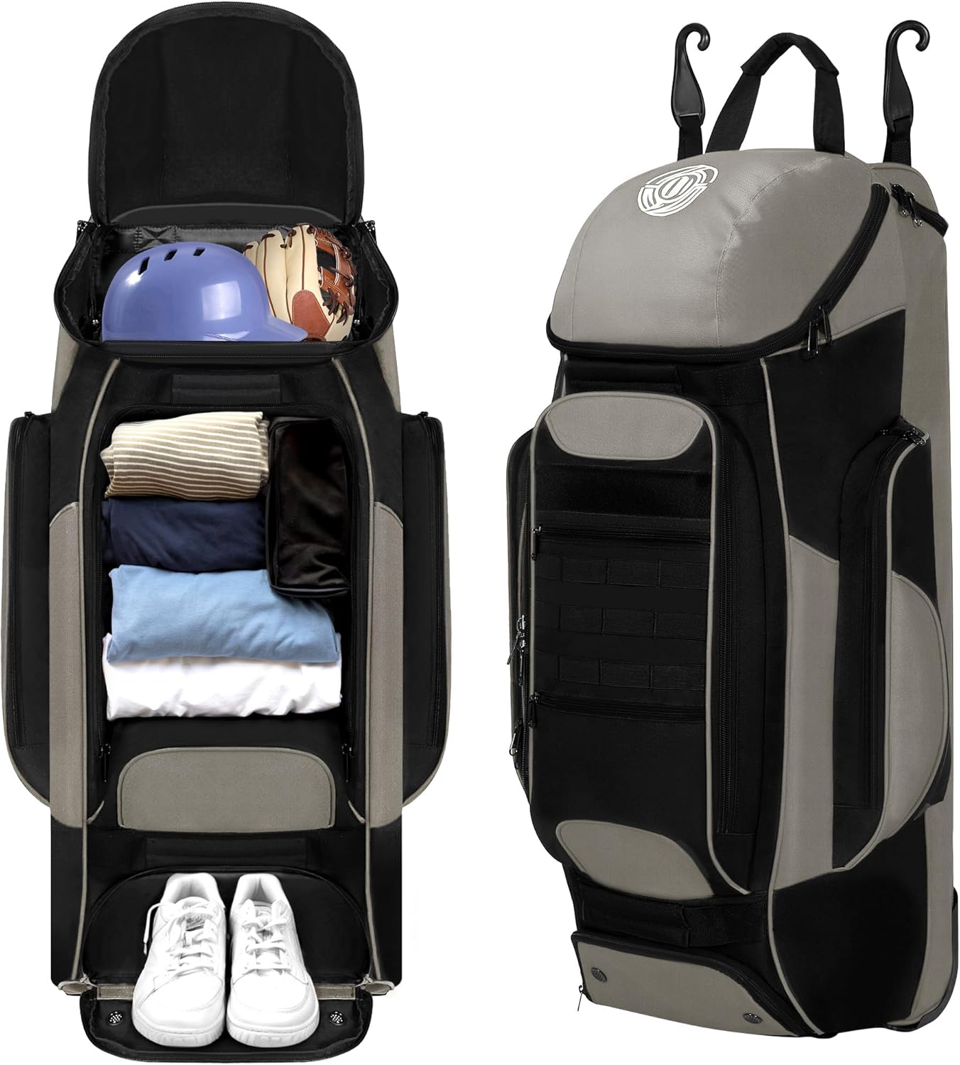 Catchers Gear Bag with Wheels, Rolling Baseball & Softball Catchers Bags with 4 Bat Sleeves, Fence-Hooks, Separate Shoe Compartments and Multi-Pockets