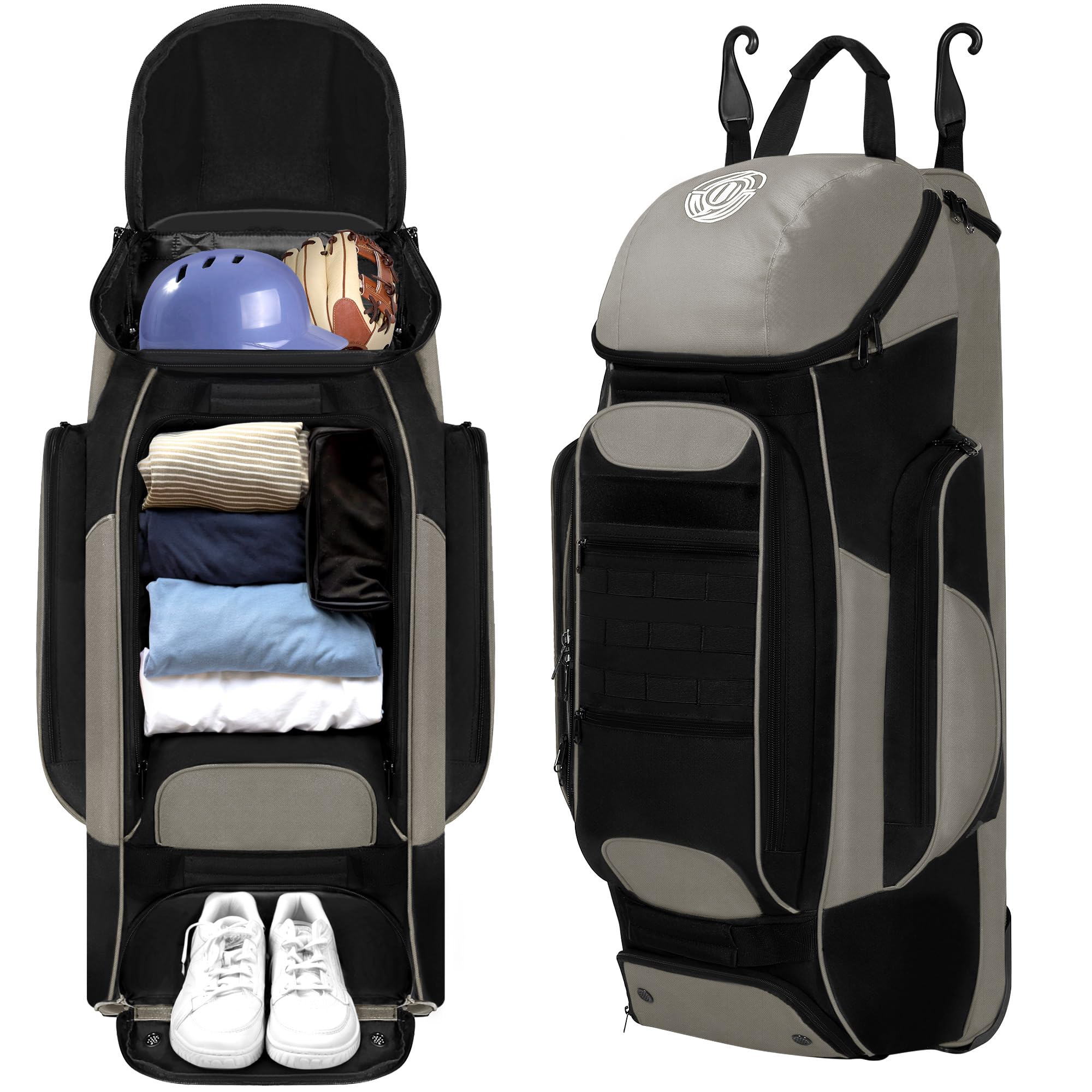 Catchers Gear Bag with Wheels, Rolling Baseball Softball Bag with 4 Bat Sleeves, Fence-Hooks, Separate Shoe Compartments and Multi-Pockets, Sturdy Back Base Plate