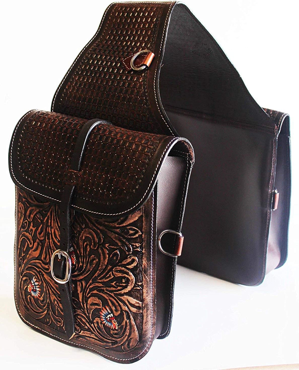Manaal Enterprises Cow Hide Genuine Leather Western Trail Tooling Carving Horse Saddle Bag, Size: 12” L x 11” W x 3” D (Saddle Bag_04) : Sports & Outdoors