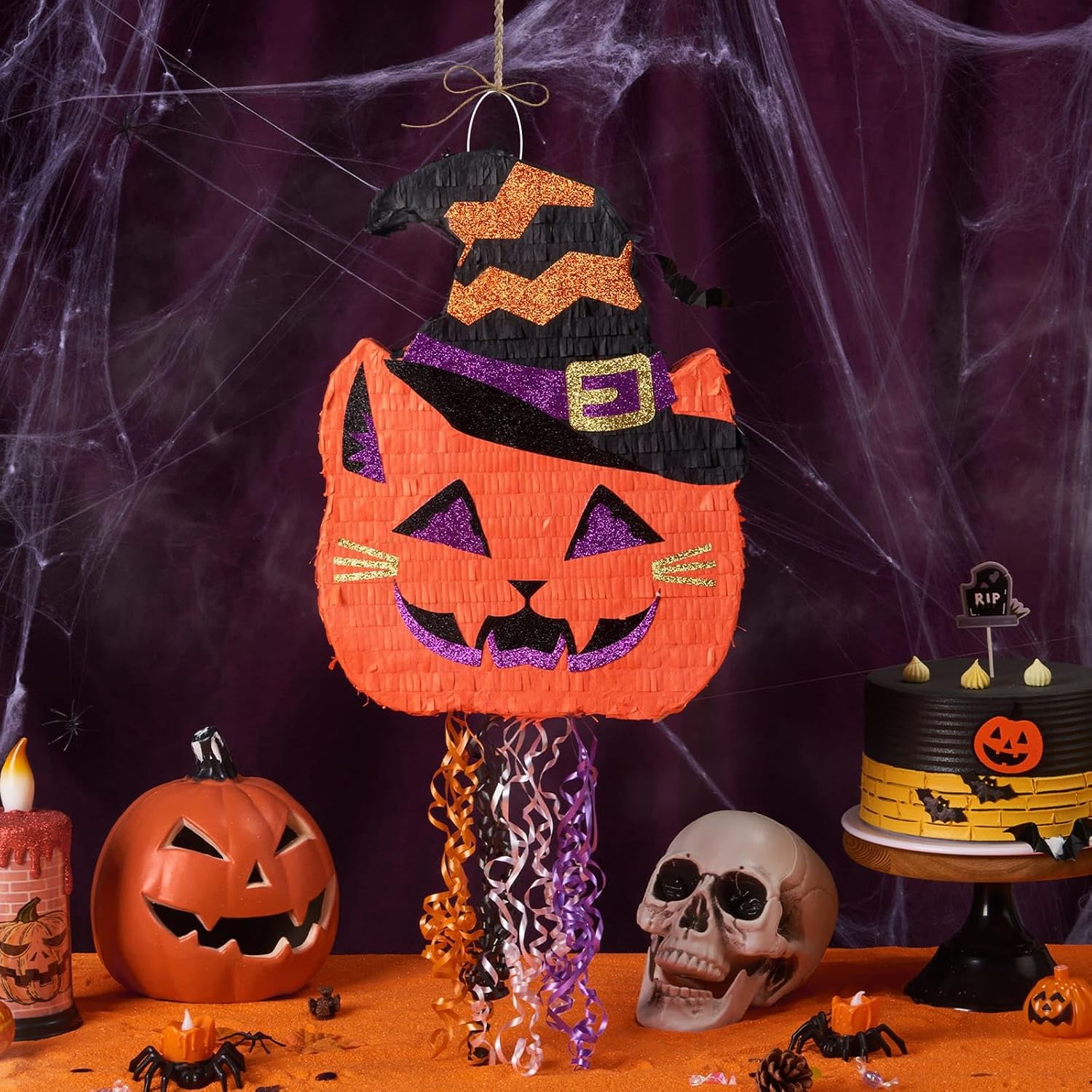 WERNNSAI Halloween Pumpkin Piñata - Halloween Pumpkin Party Decorations Black Cat Party Games for Kids Baby Hallows Eve Supply Jack O Lantern Pumpkin Design with Bat Blindfold