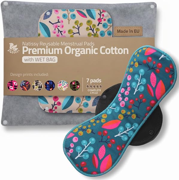 Compresas reutilizables en algodón orgánico para flujo menstrual ligero y abundante (S+M+L+XL, 7 uds); lavables a alta T°, HECHAS EN LA UE; suaves, no irritantes y cómodas, compresas tela para mujeres - 1