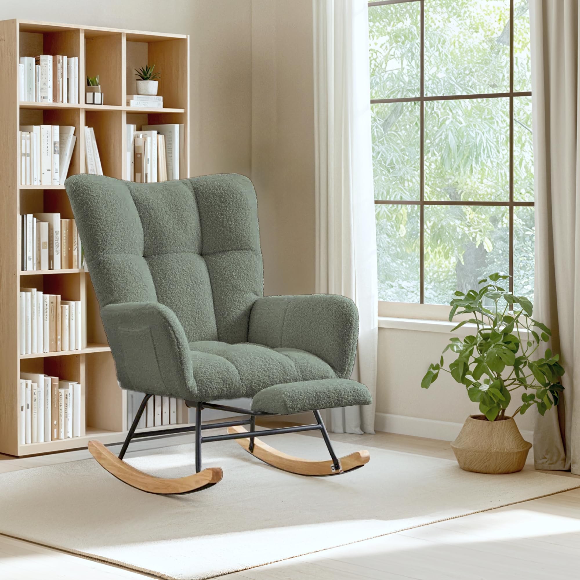 FLEXISPOT Fauteuil à Bascule avec Dossier Haut et Repose-Pieds, Fauteuil Pivotant Moderne avec Base en Bois,Chaise Relax Rembourré pour Salon et Chambre, Charge jusqu'à 120 kg, Vert
