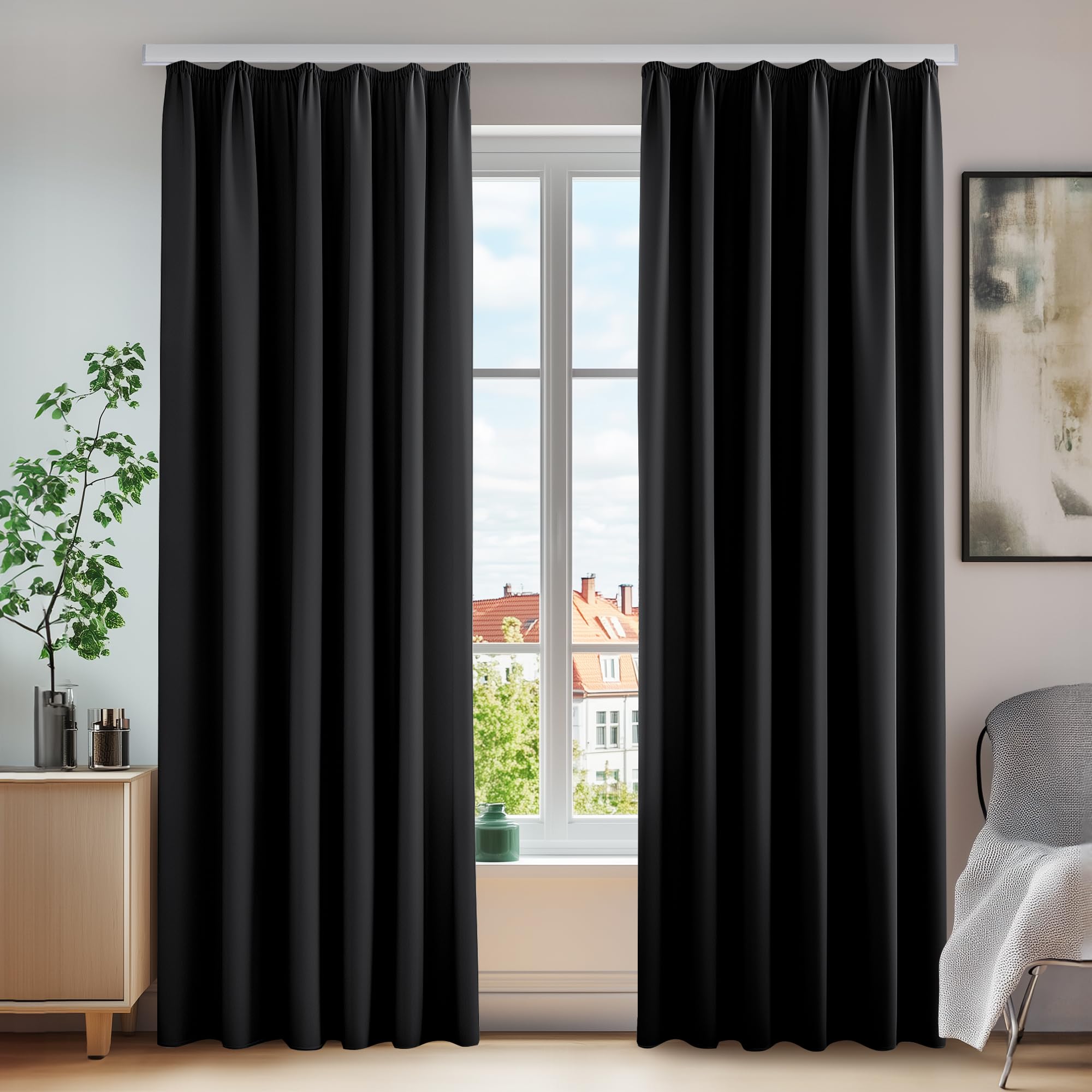 Deconovo Thermo Gardinen Verdunklungsvorhänge mit Kräuselband, 220x140 cm(HöhexBreite), Schwarz, 2er Set