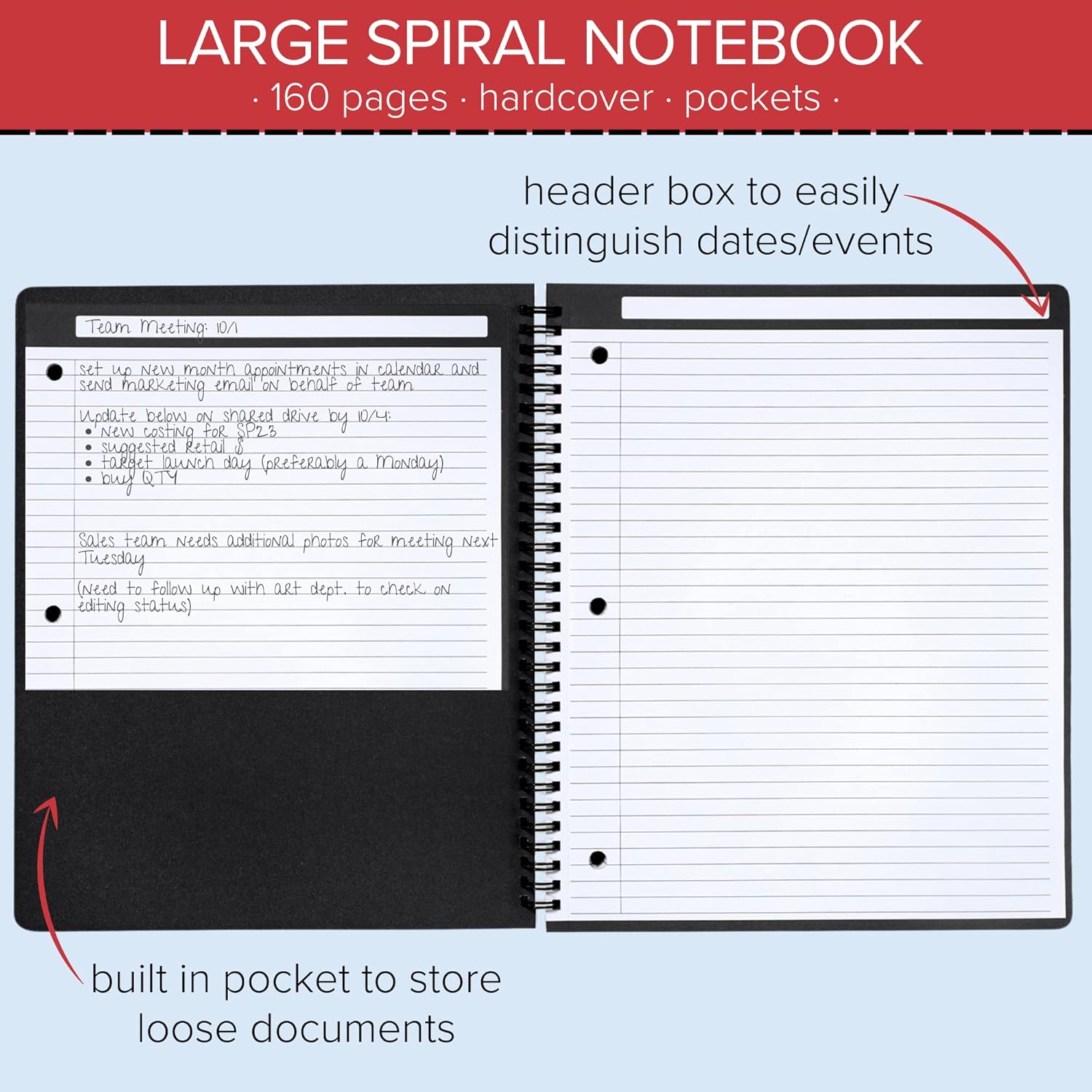 Vera Bradley Large Spiral Notebook, College Ruled Paper, 11" x 9.5" with Pocket and 160 Lined Pages, Tossed Black Bandana