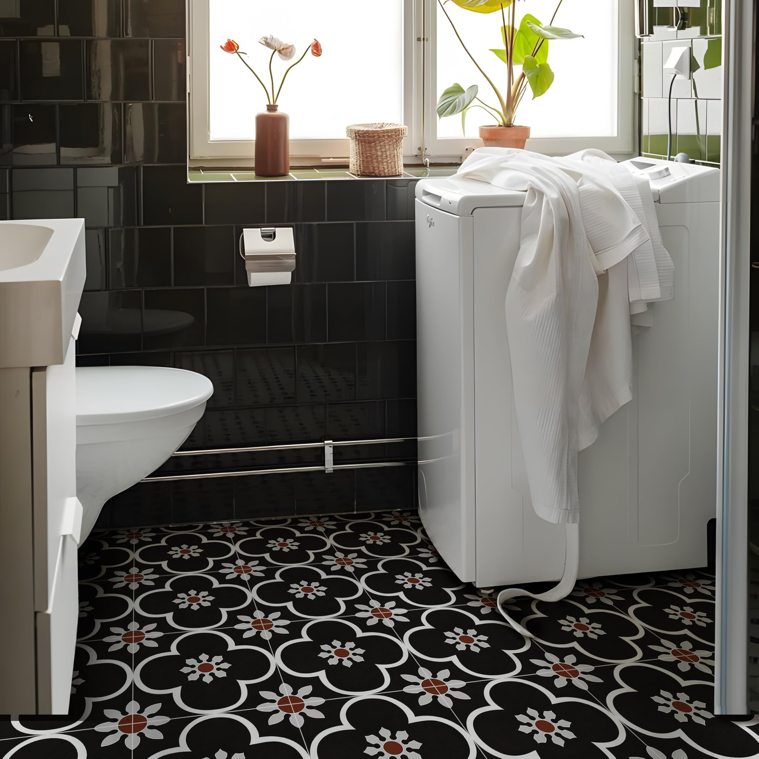 Alwayspon Vinyl Flooring Tile Sticker, 12Px30cm/12inch Peel and Stick Vinyl Floor Wall Planks Self-Adhesive Splashback Stick on Tiles Transfer Sticker for Bathroom Kitchen, Black Floral
