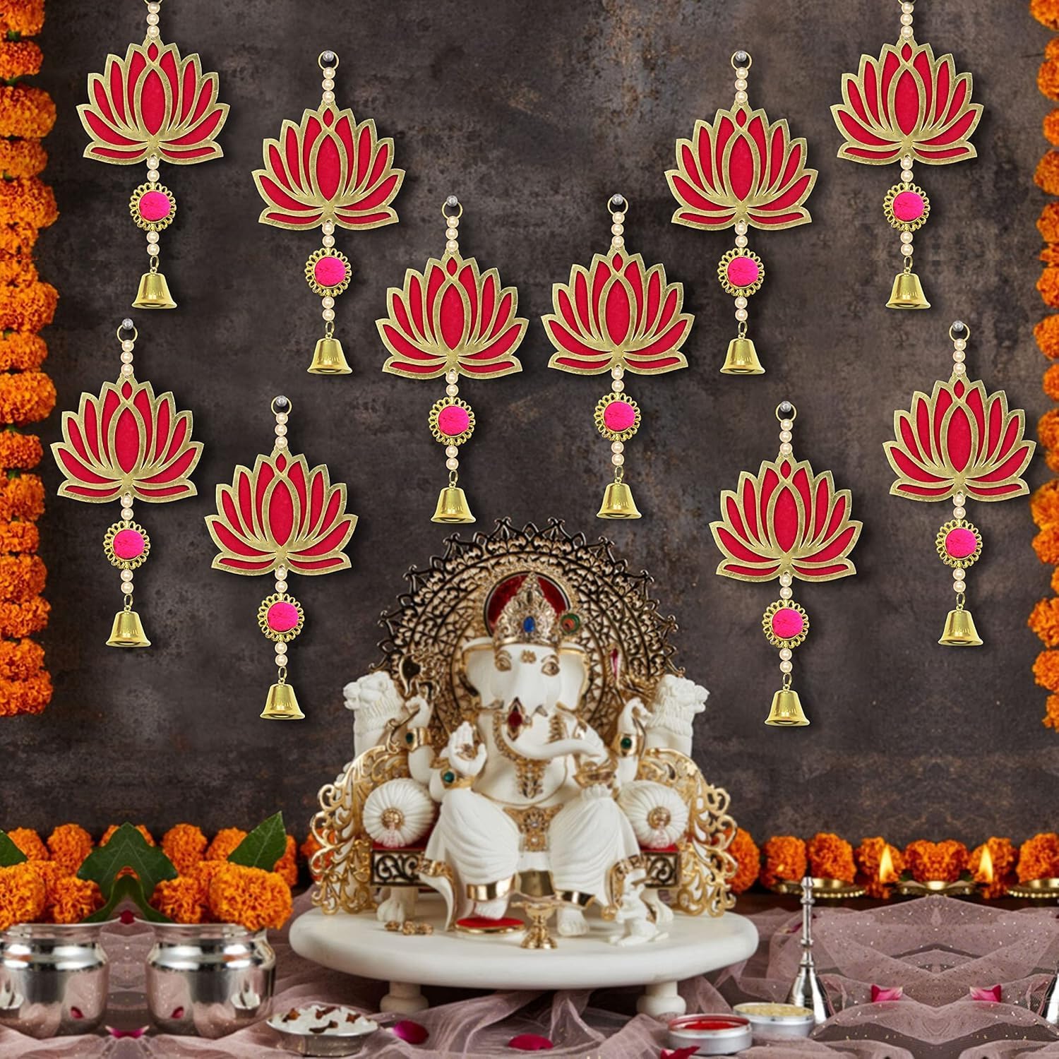 TIED RIBBONS Lotus Backdrop Hanging Pooja Decor | Plastic, 9 Inch | Set of 10 | Indian Pooja Decorations for Home, Navratri, Diwali | Puja Decoration for Home, Ganesh Chaturthi Decoration
