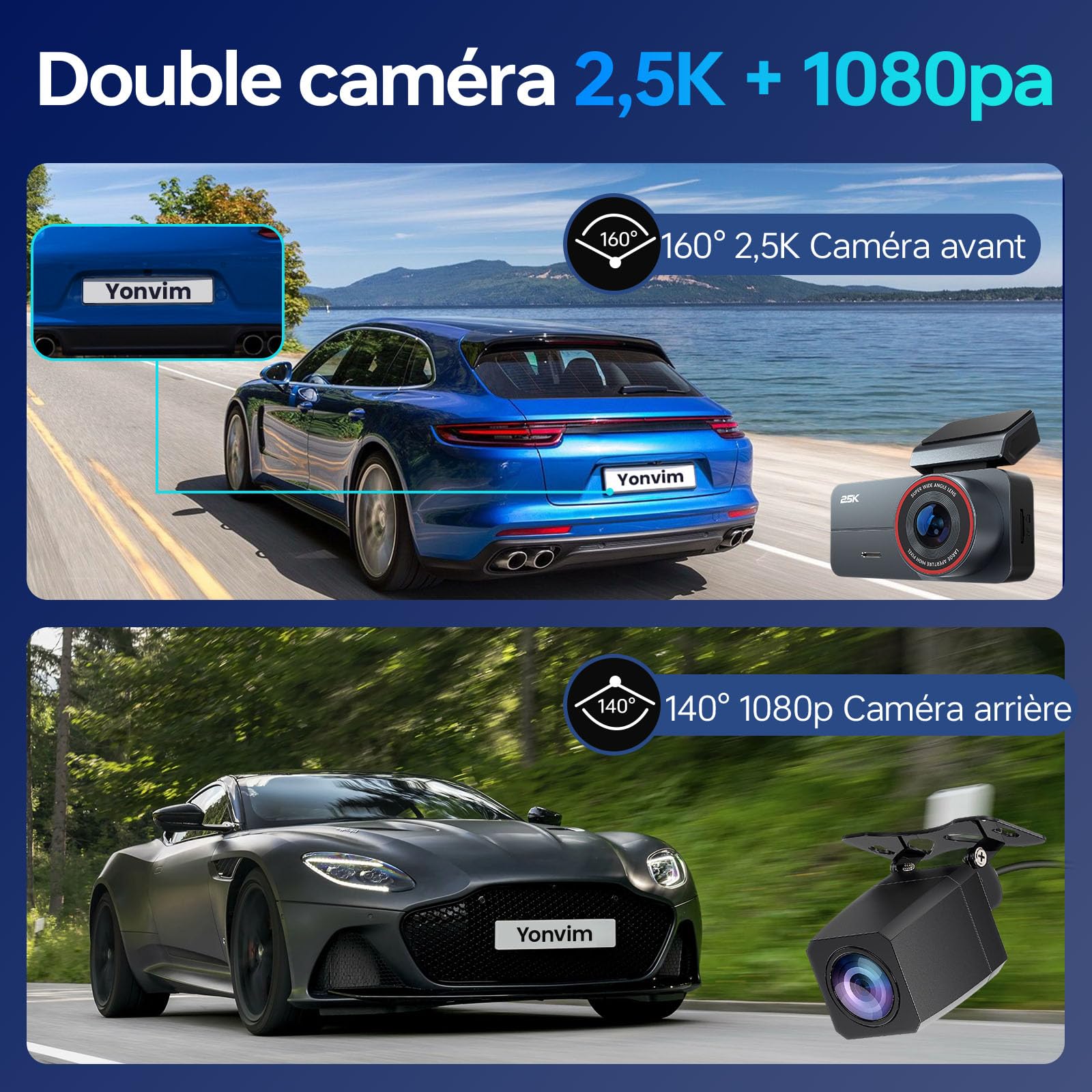 Caméra Embarquée Voiture 2.5K QHD Avant/Arrière - Double Objectif, Écran IPS 3,39 - Grand Angle 160°, Vision Nocturne, Mode Parking 24h/24 (Argenté Gris)