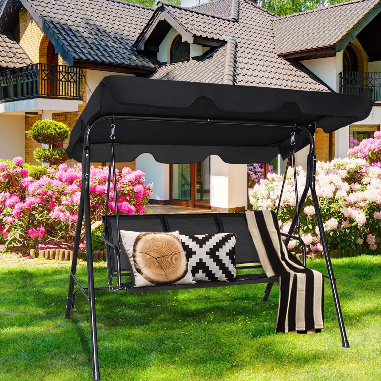 COSTWAY Columpio Jardin Exterior de 3 Plazas, Balancín con Toldo Adultos de Metal y Poliéster, Columpios de Porche con Parasol Ajustable para Exterior, 170 x 110 x 155 cm, Carga 210 kg, (Negro)
