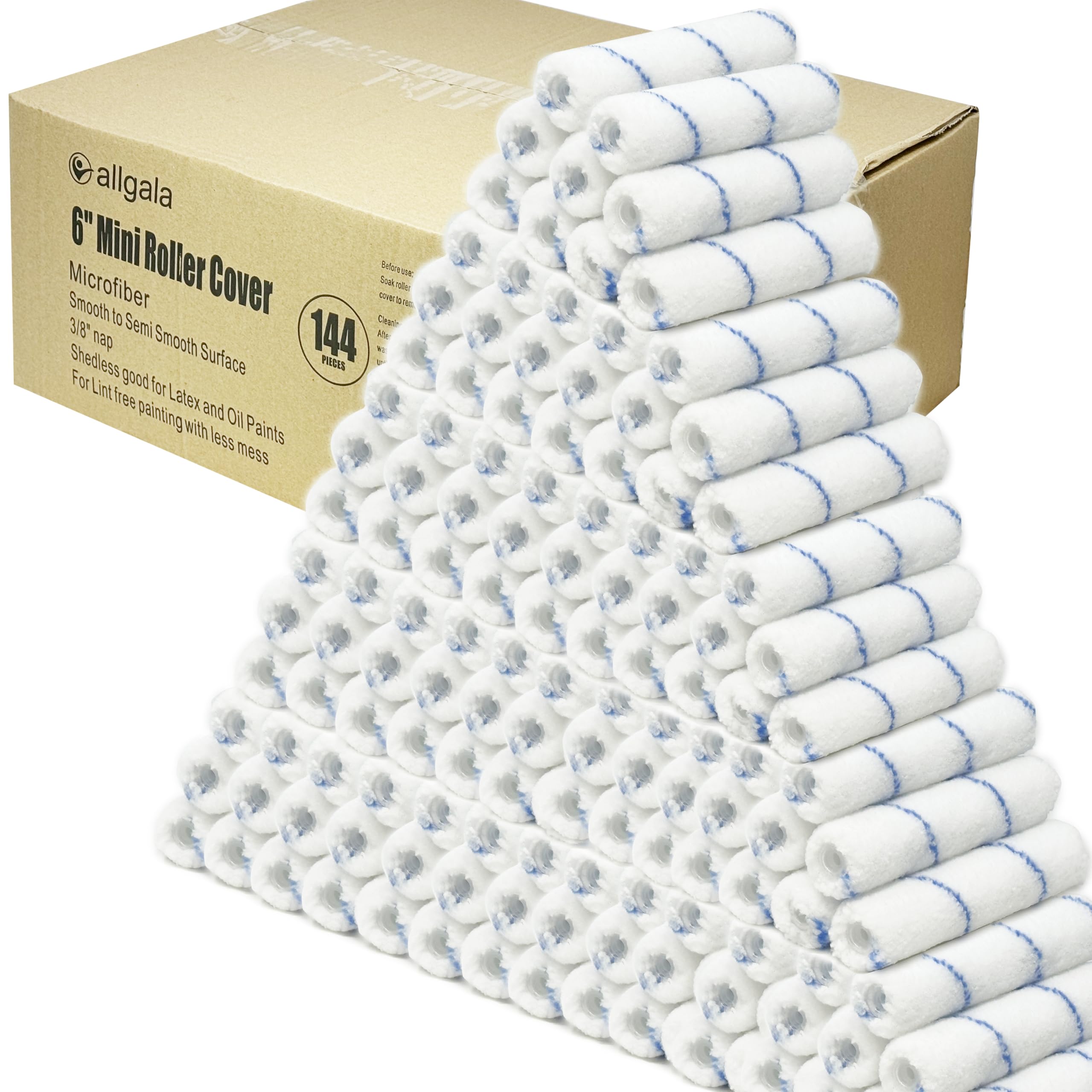 Allgala 6" Mini 3/8" Nap Shedless Microfiber Paint Roller Cover for Door Trim Furniture Cabinets - 144 Pack