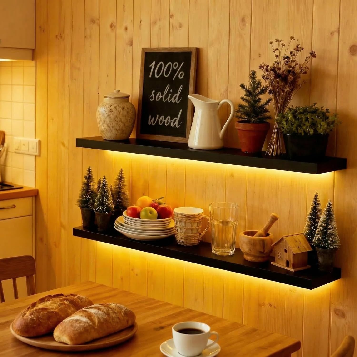 ROGMARS Black Floating Shelves for Wall with Led Light 36 Inches Long,Rustic Solid Wood Farmhouse Wall Shelves with Invisible Brackets for Bedroom, Living Room, Kitchen, Bathroom Set of 2