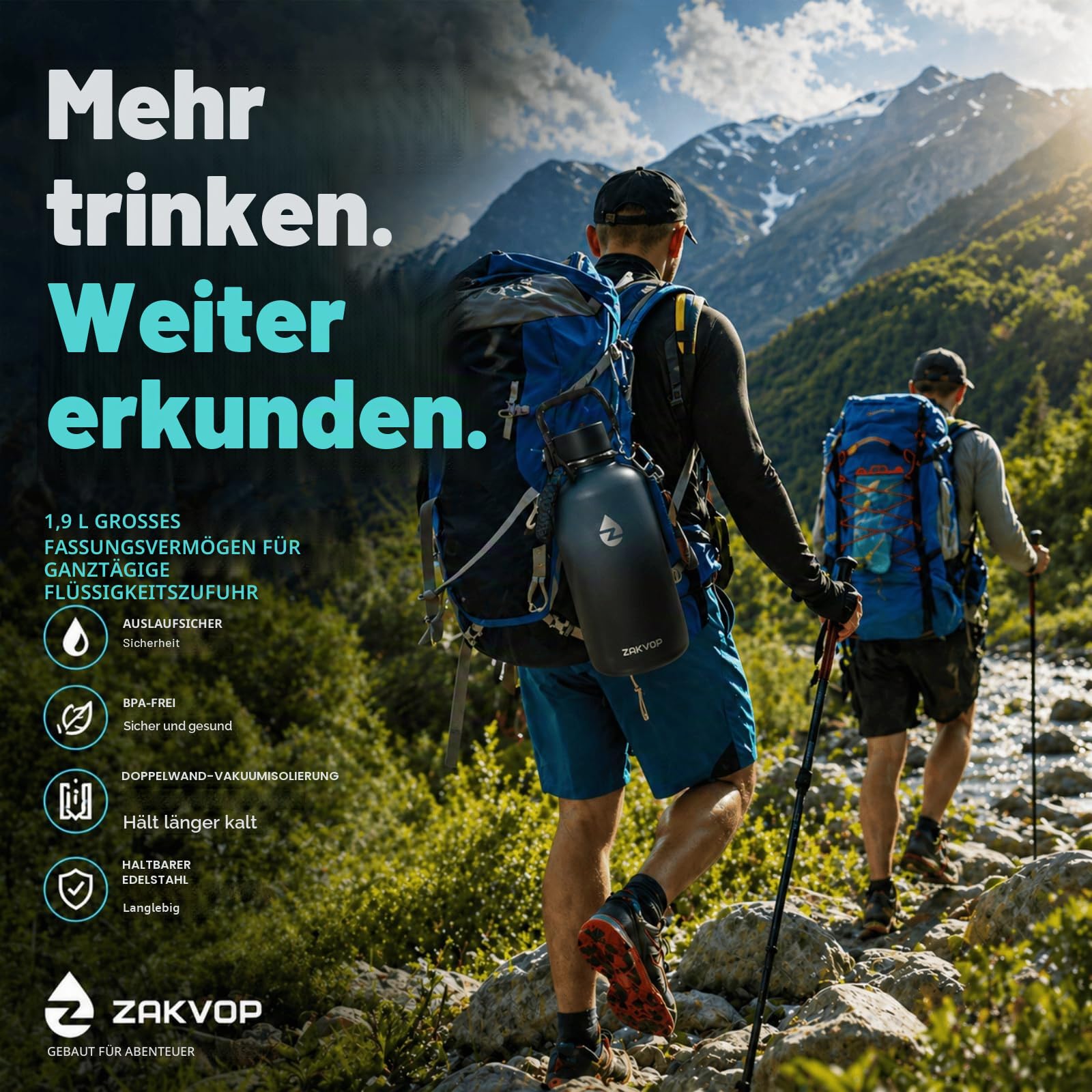 Thermosflasche, 2L Trinkflasche Edelstahl mit Strohhalmen und 3 Deckeln, Trinkflasche Thermo mit Paracord Griff, Thermoskanne 2 Liter mit Flaschenbürsten für Fitnessstudio (Blau+Schwarz)