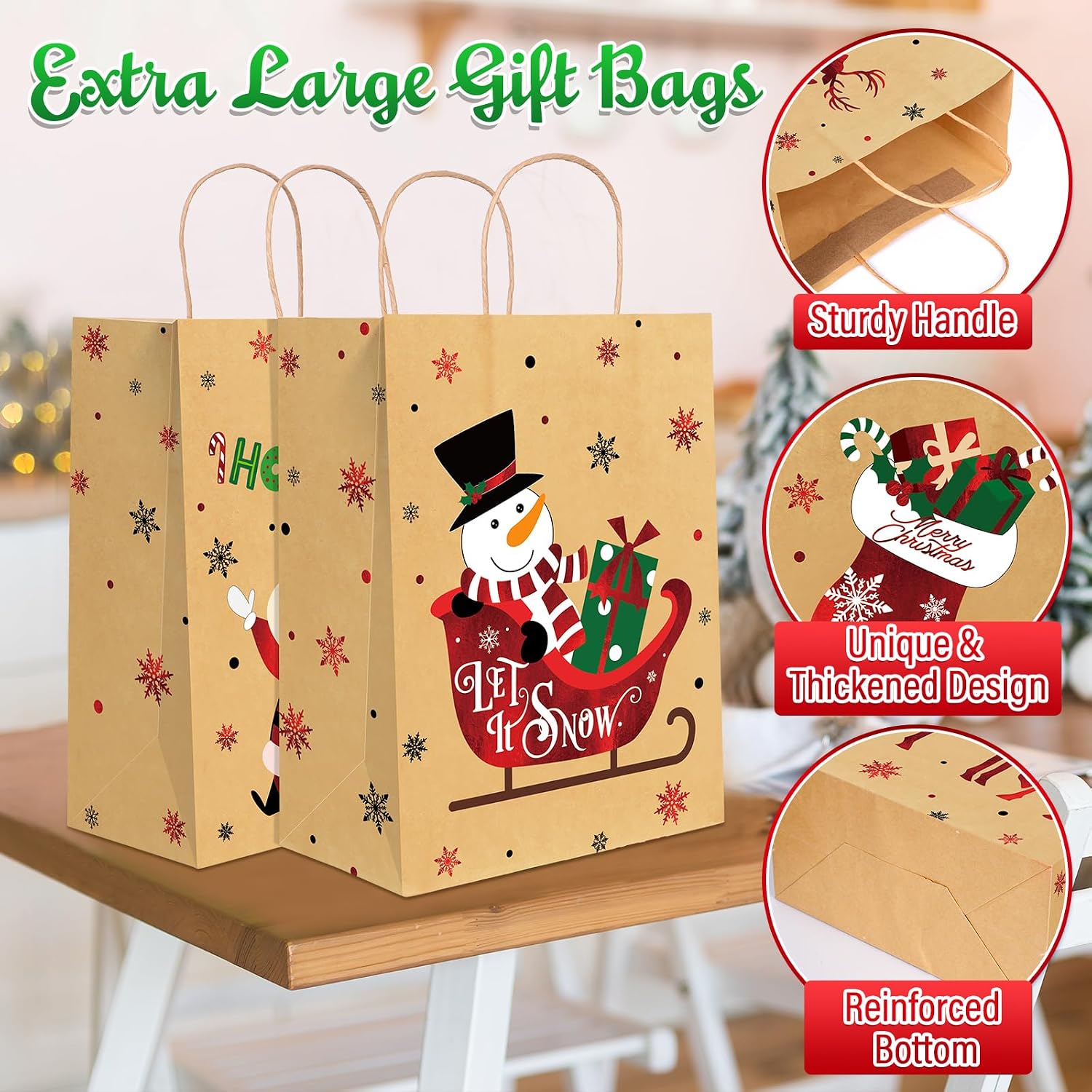 24Pcs Christmas Large Size Gift Bags Decorations,Red Foil Snowman Party Favor Bag with White Tissue Paper, 8 Style Kraft Paper Snowflake Goodie Bag with Handle for Xmas New Year Holiday Party Supplies