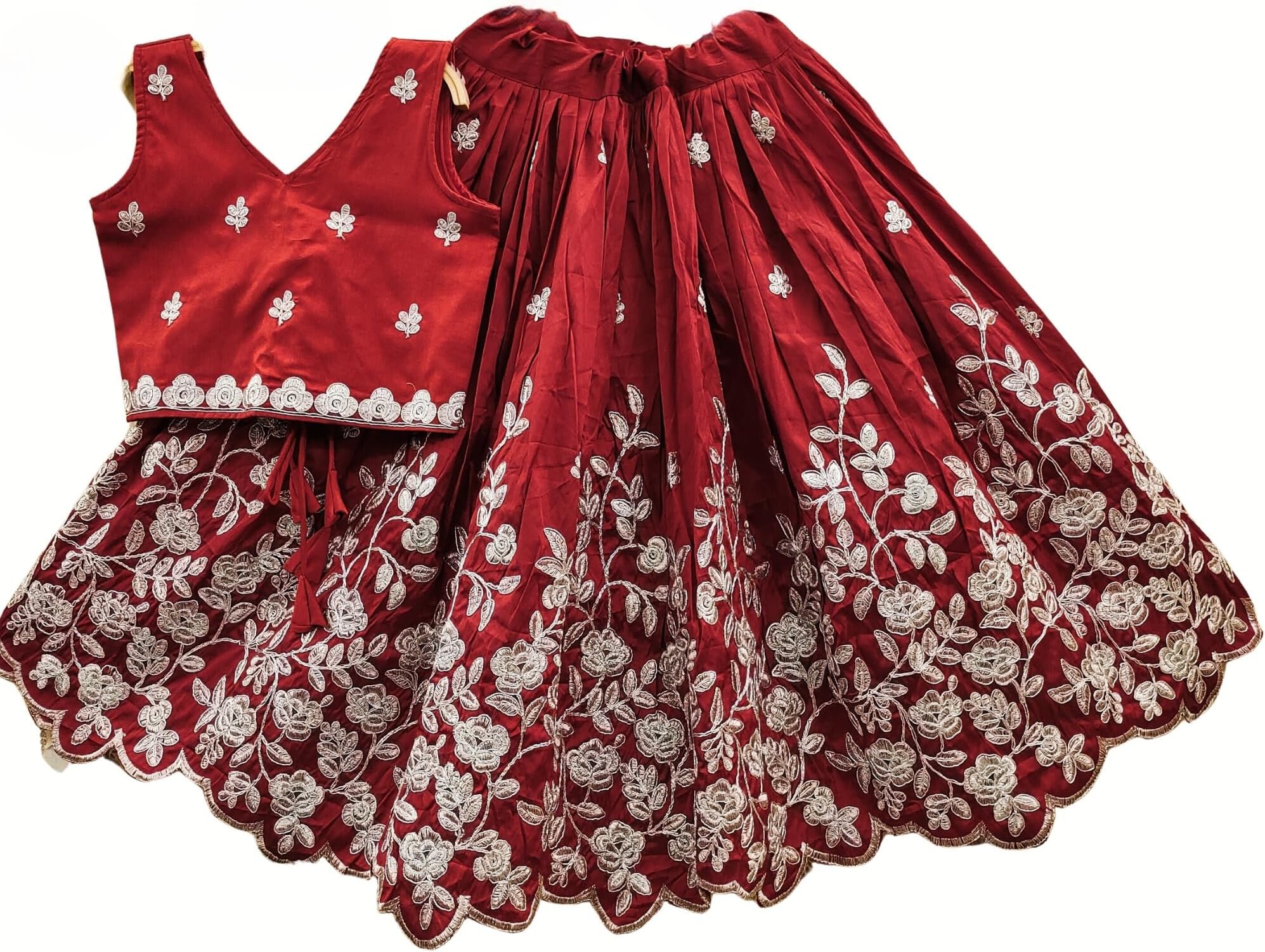 Girls Readymade Crop Top With Lehenga - Taffeta Silk Embroidered Lehenga Choli - Perfect for Ethnic, Party & Wedding - Traditional Dress (MAROON, 3 TO 4 YEARS)
