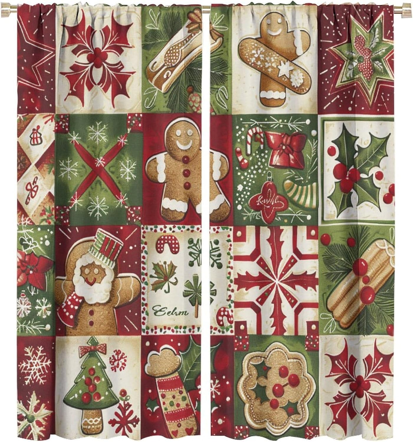 Vintage Christmas Pattern Blackout Curtains for Bedroom/Living Room, Classic Gingerbread Man Curtains Rod Pocket Thermal Insulated Window Drapes, 2 Panels/Each 21" W x 54" L