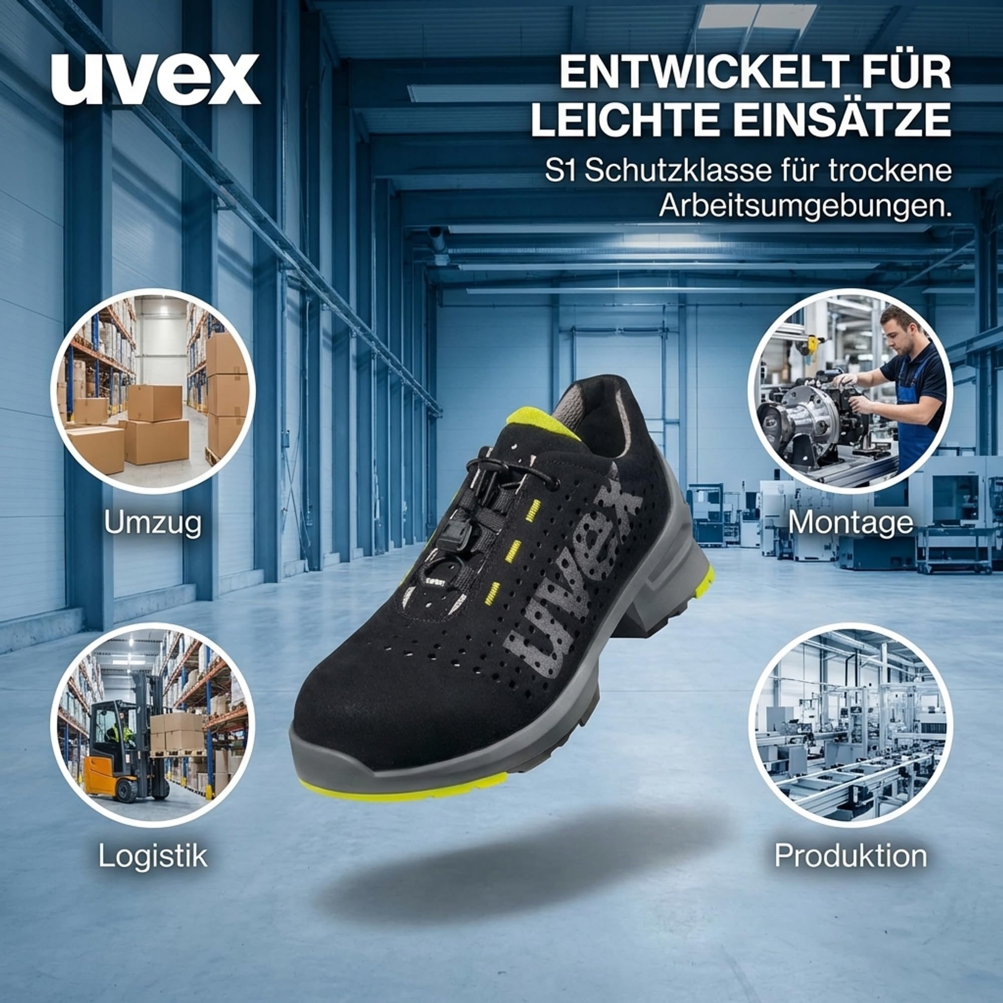 uvex 1 perforowane półbuty, buty ochronne S1 SRC, buty robocze dla kobiet i mężczyzn, czarne/limonkowe