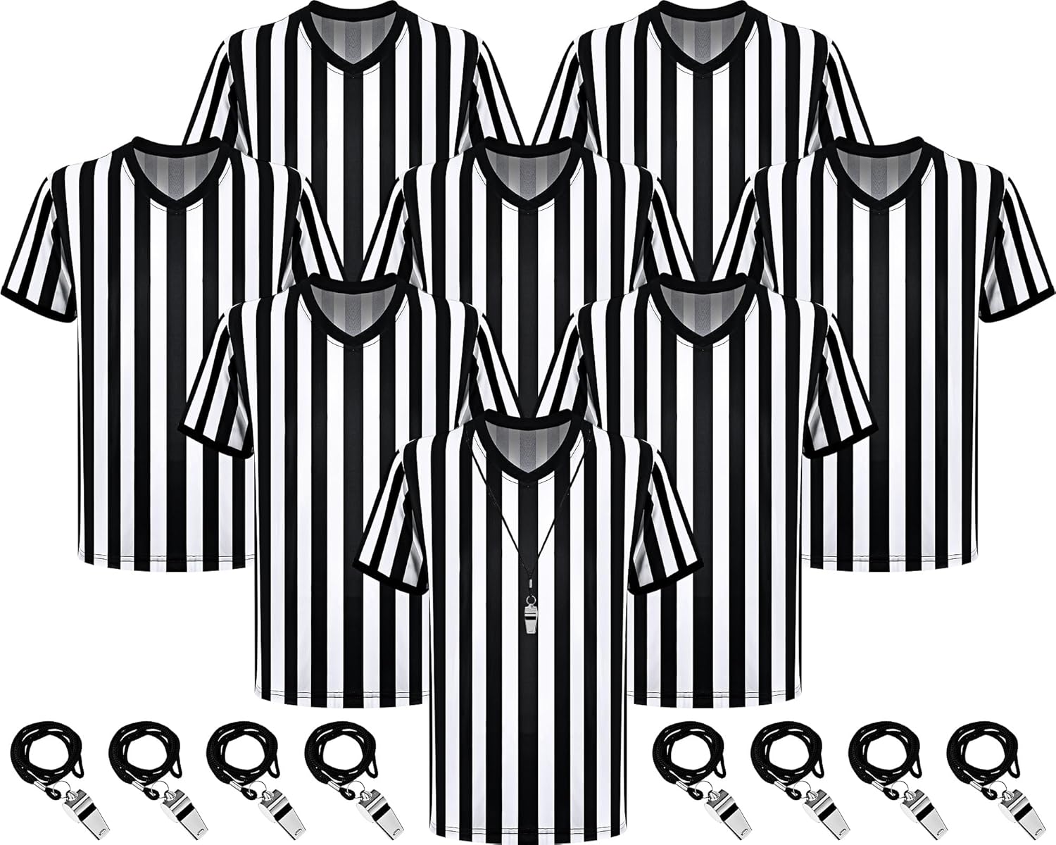 Ramede 8 Sets Referee Shirt with Whistle Official Football Referee Shirt Umpire Jersey Halloween Group Costume for Men Woman