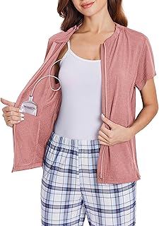 Mastectomy Shirts with Drain Pockets Post Shoulder Surgery Tops for Women Chemo Port Short Sleeve with Zippers