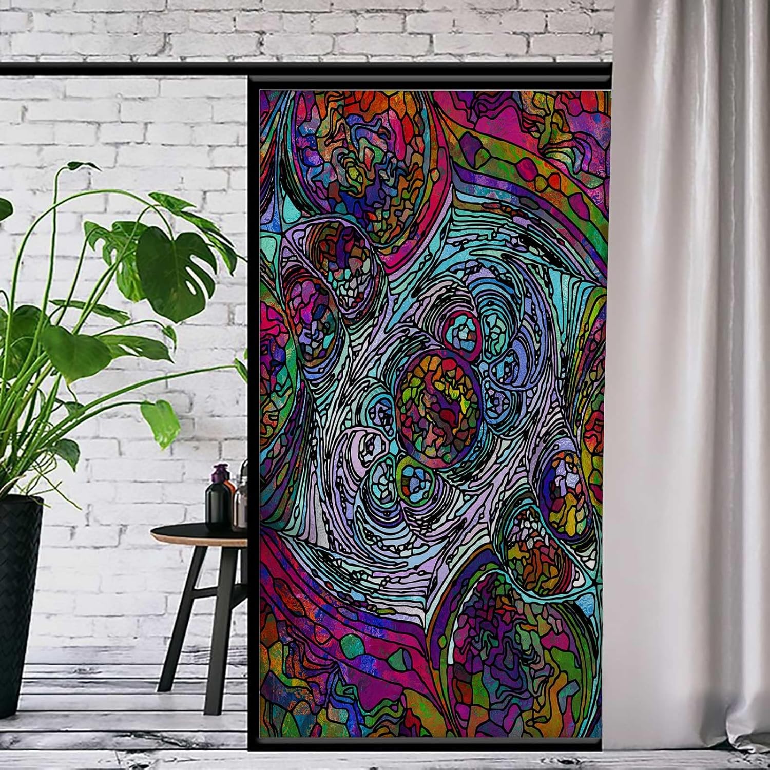 Stained Glass Window Privacy Film for Bathroom Watercolor Abstract Colorful Vintage Opaque Privacy Window Film Stickers for Window Decoration