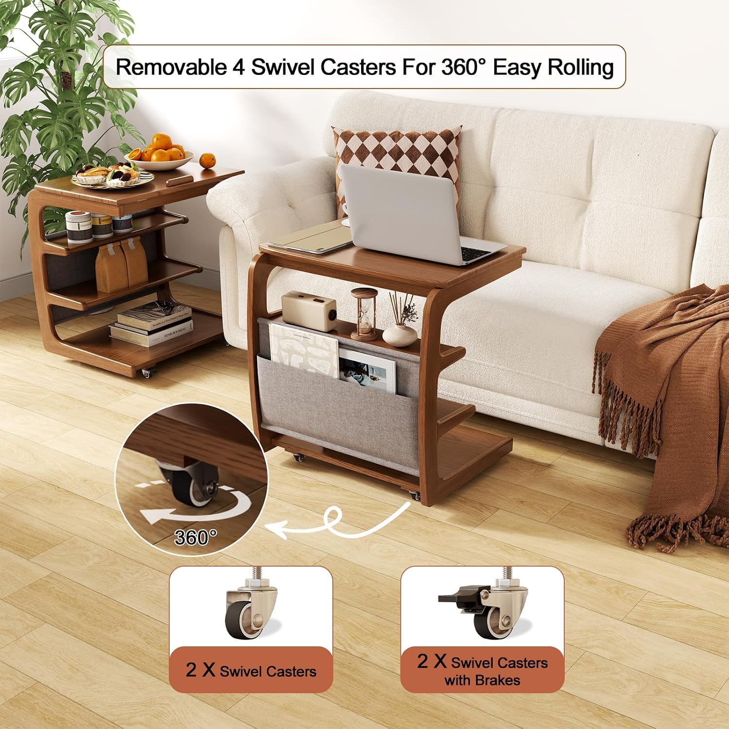 AQIMUELE C Shaped Side Table with Wheels, Rolling Side Table with Storage