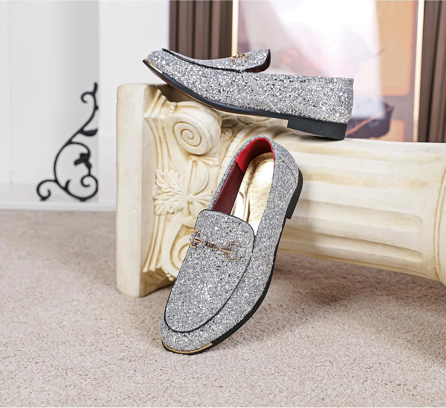 LCQL Men's Luxury Glitter Dress Loafer Shoes Metallic Sequins Tuxedo Oxfords Slip-on Wedding Party Shoes Size 7-13