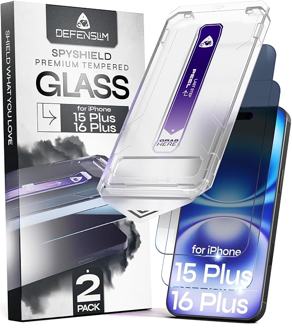 Defenslim for iPhone 15 PLUS / 16 PLUS Privacy Screen Protector (2Pack), Easy Auto-Dust & Align Install Kit, 6.7" Tempered Glass, 9H Hardness, Privacy Protection, Case Friendly, SpyShield by Defenslim - Used condition - US$19.90
