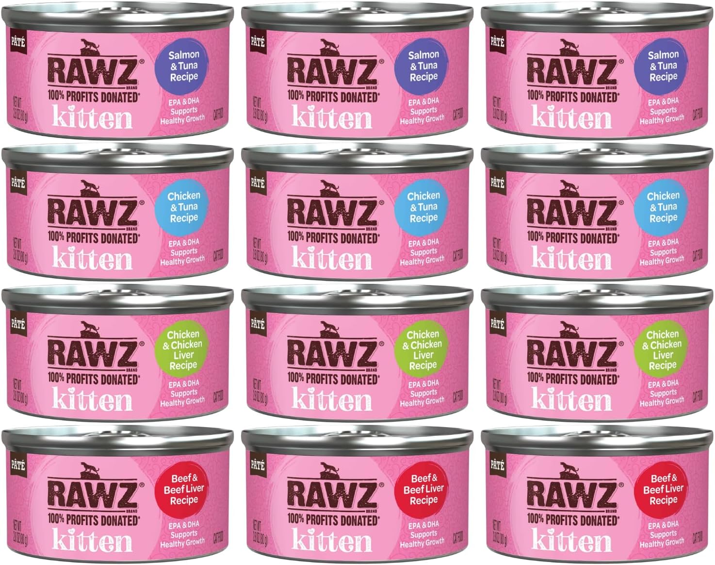 Natural Premium Kitten Pate Canned Cat Wet Food -12 Pack Cans Variety Flavor Pack -4 Flavors - (Salmon, Chicken, Tuna, Beef) Pets Can Lid - (2.8 oz Cans)