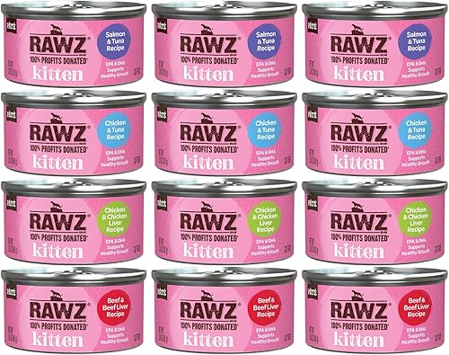 Rawz Natural Premium Kitten Pate - Alimento húmedo enlatado para gatos, paquete de 12 latas de sabores variados, 4 sabores, (Salmón, pollo, atún,