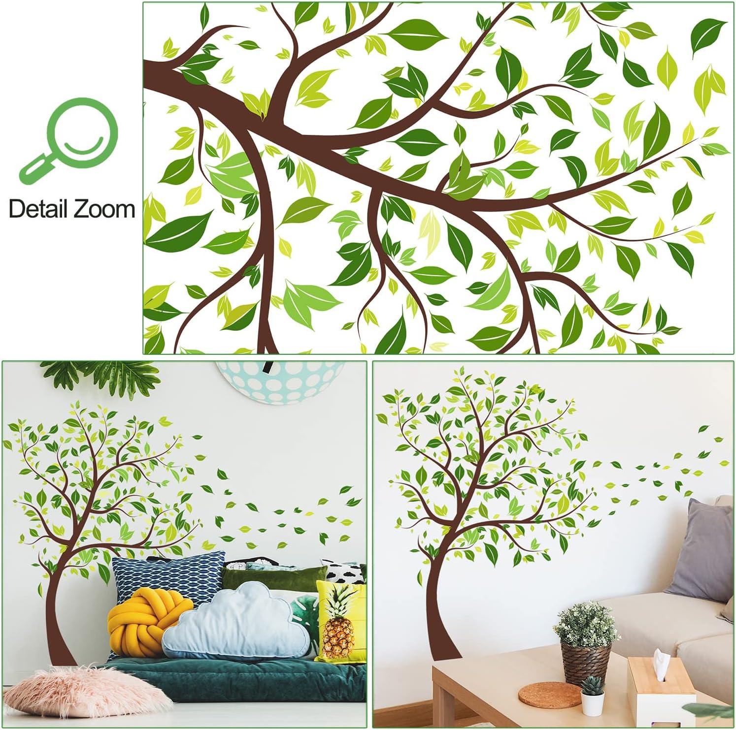 RW-2196 Giant Green Tree Wall Decals Large Tree Branches Leaf Wall Stickers DIY Removable Brown Trees Fallen Leaves Photo Wall Art Decor for Kids Women Bedroom Living Room Nursery Office - Image 3