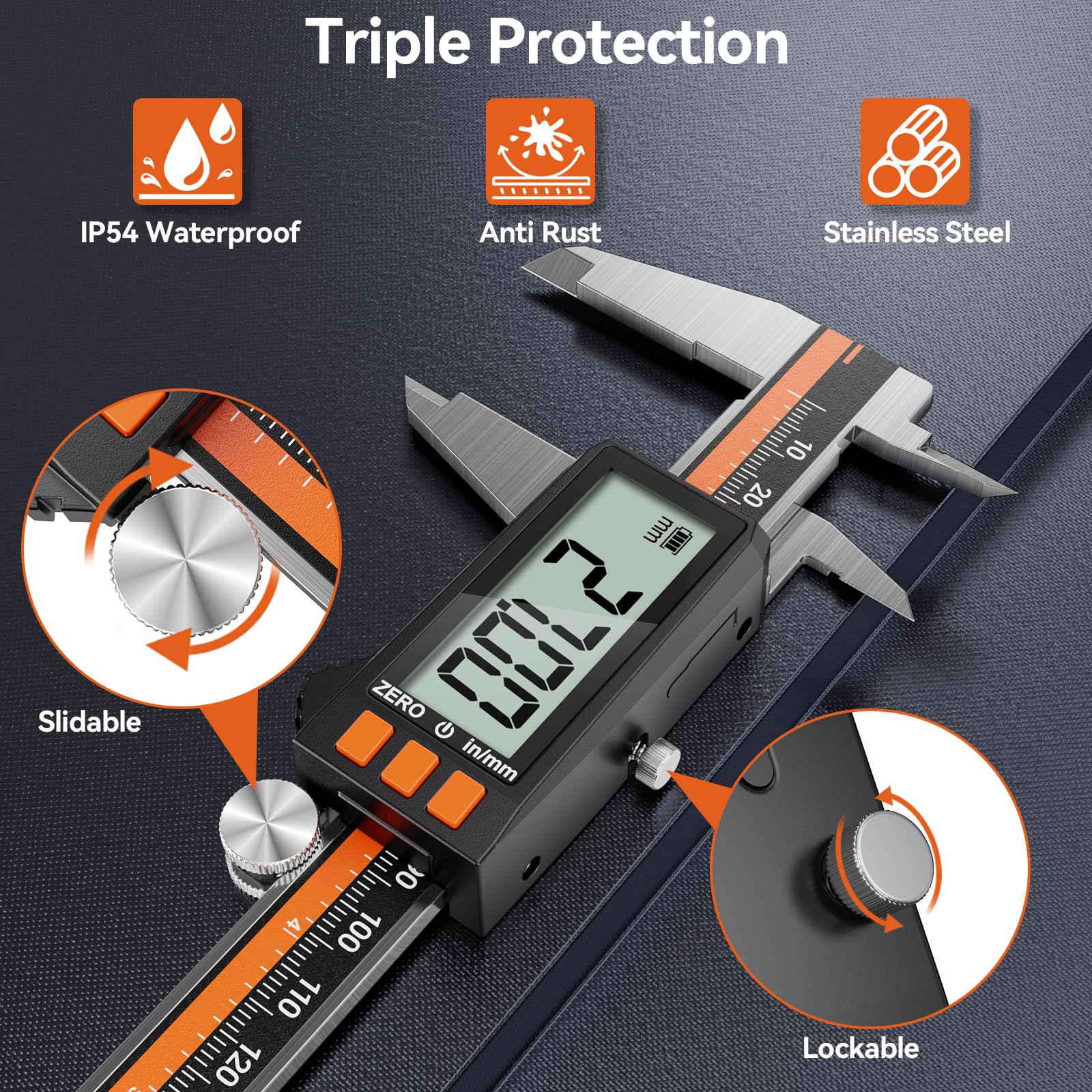 Preciva Digitale Messschieber, Schieblehre 0-150mm/0-6 Zoll Messlehre mit LCD-Anzeige Type-C Aufladbar Messwerkzeuge (Schwarz mit Orange)