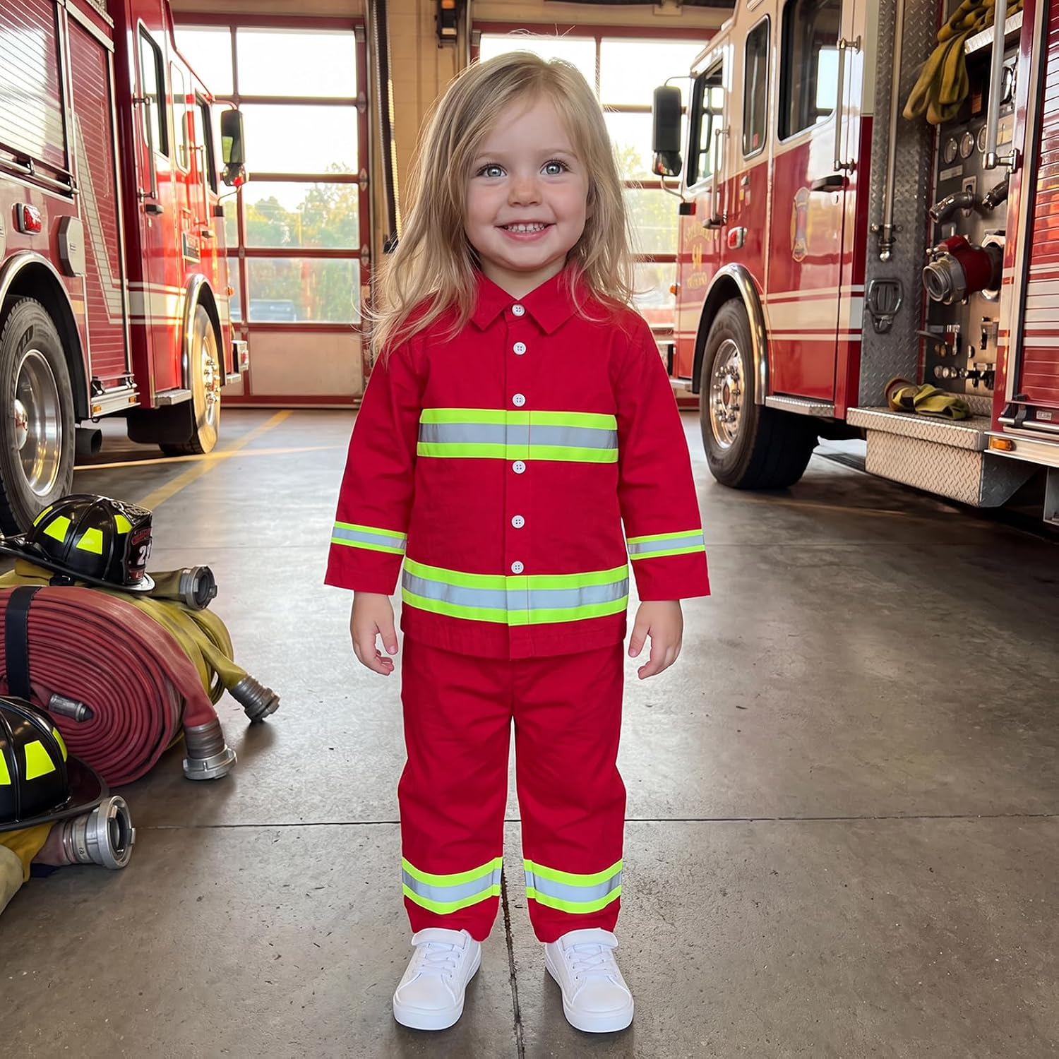 fyclemt Kids Toddler Baby Boy Firefighter Outfit Fire Fighter Long Sleeve T-Shirt Suspender Pants Overalls Halloween Cosplay
