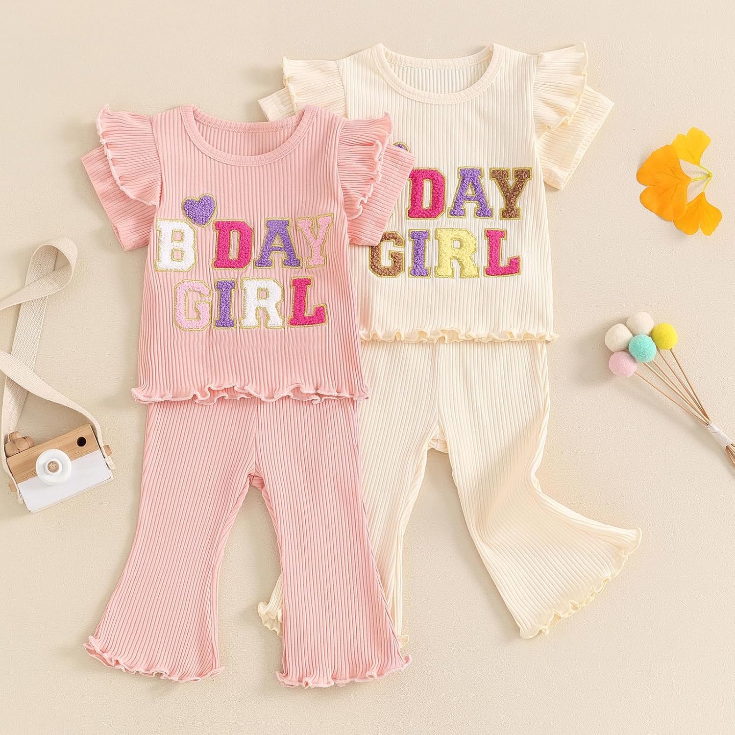 Baby Birthday Girl Outfit Birthday Girl Print Ribbed Ruffle Sleeve Shirt Solid Flare Pant Leggings Fall 2pcs Clothes - Image 2