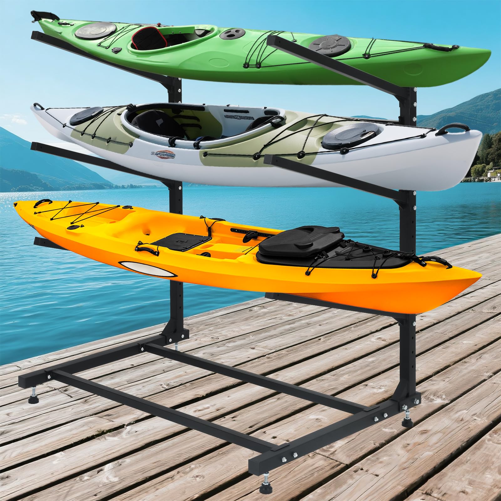 Kayak Storage Rack 3-Tier Rack for 3/6 Kayaks, Heavy Duty Kayak Racks for Garage Indoor Outdoor Storage, Freestanding Storage Rack for Kayak, Canoe, Surfboard & Paddleboard