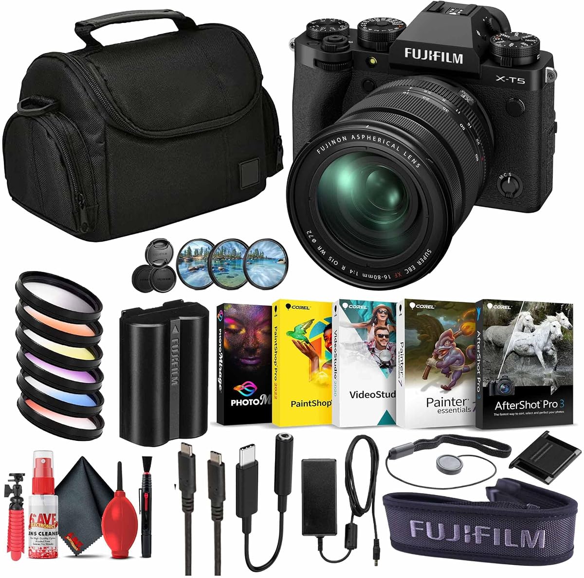 Paquete de cámara sin espejo FUJIFILM X-T5 con lente XF de 16-80 mm (negra) | Para fotografía, vídeo y creación de contenido | Incluye trípode flexible, kit de limpieza.