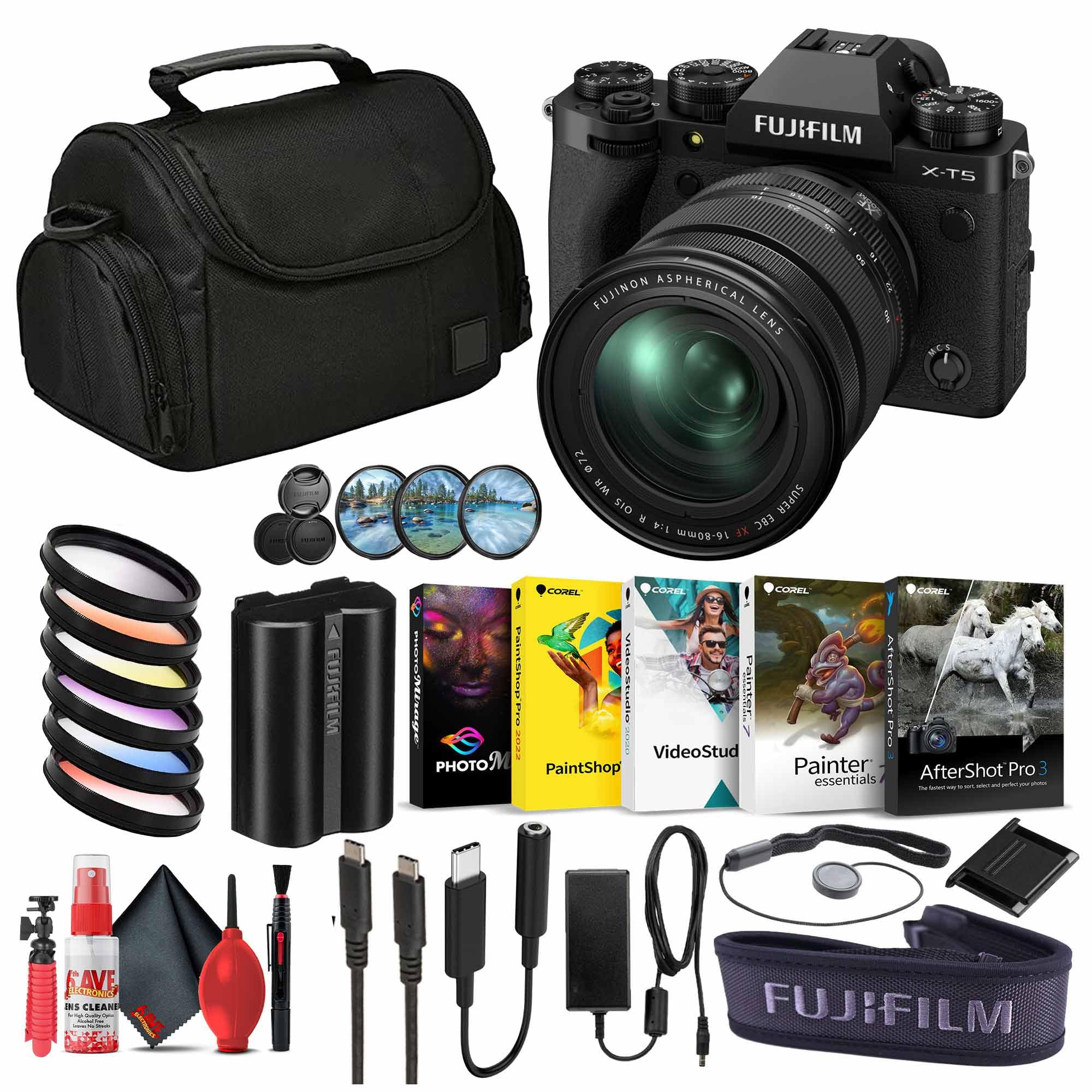 Fujifilm X-T5 Mirrorless Digital Camera XF16-80mm Lens Kit - Black- Bundle with Cleaning kit + Flexible Tripod + More Accessories