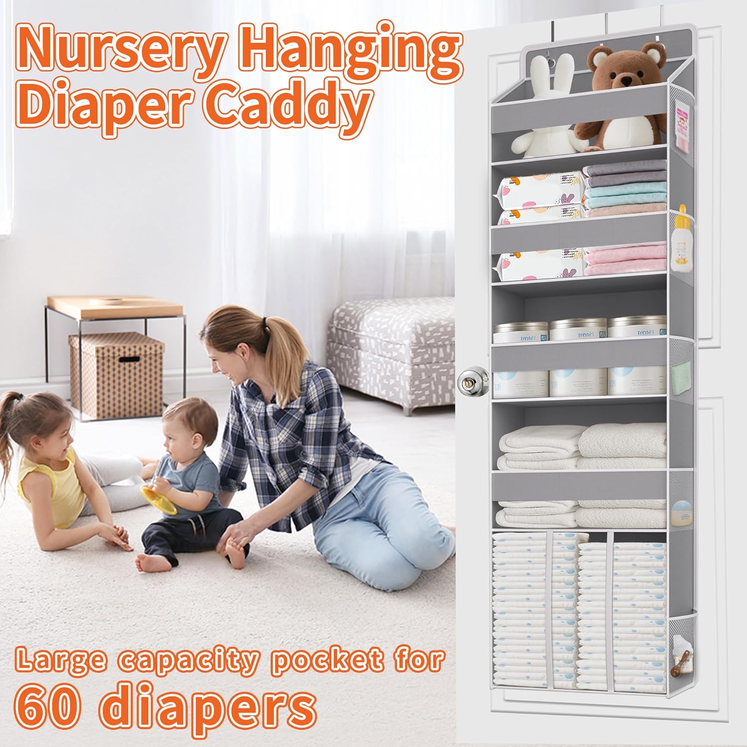 Heavy Duty Over the Door Organizer with Large Capacity Caddy, Behind Door Storage with 10 Mesh Side Pockets, Back of Door Hanging Organizer for Closet, Bathroom, Laundry