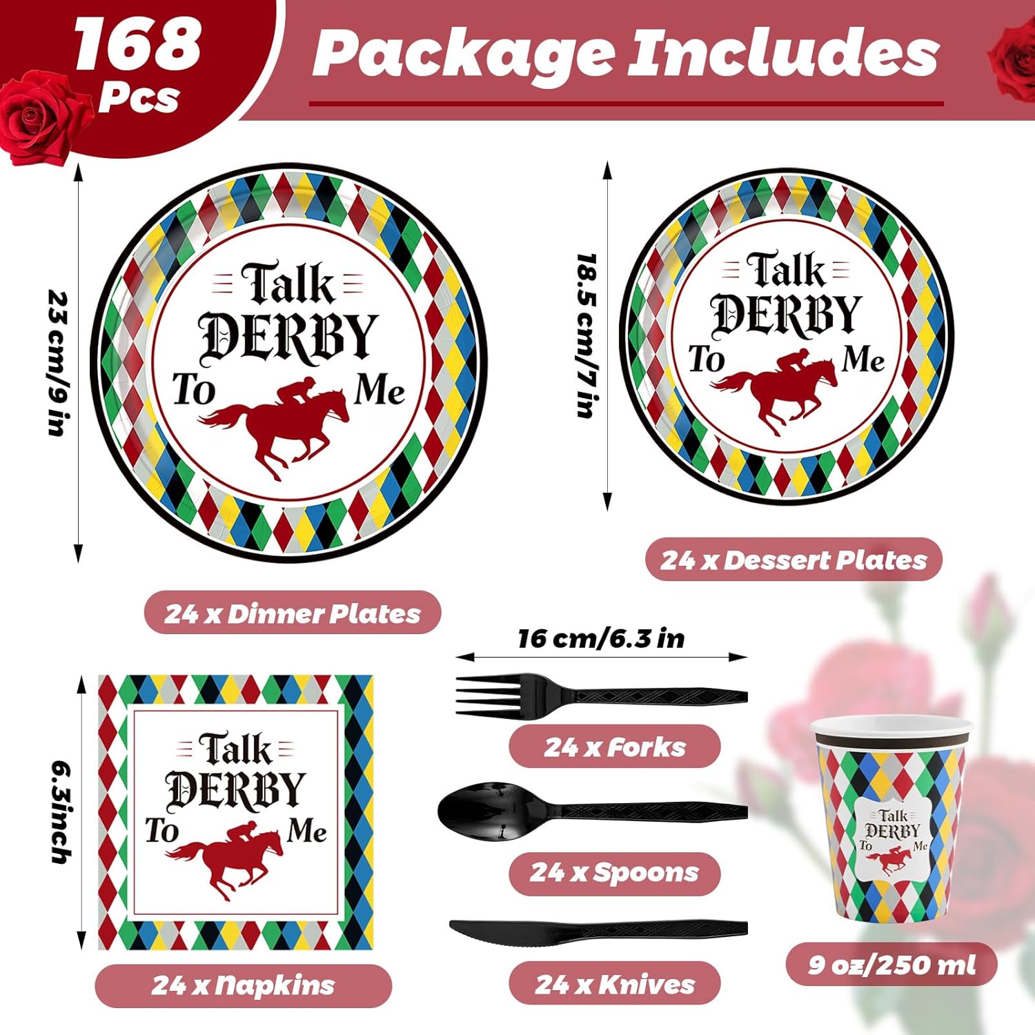 168 Pcs Derby Day Plates and Napkins, Horse Racing Party Supplies, Talk Derby to Me Disposable Tableware Set Dinnerware Favors for Horse Race Birthday Decors, Serves 24