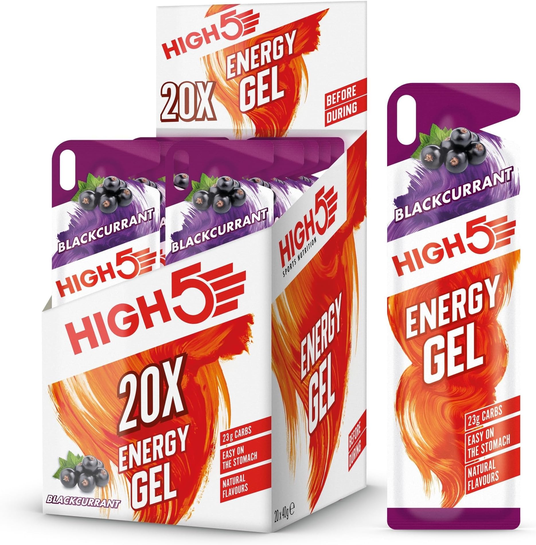 HIGH5 Energy Gels - Quick Release Sports Gels to Power Muscles for Top Performance - Natural Fruit Juice & No Caffeine - On The Go Energy Boost for Running, Cycling, Endurance (Blackcurrant, 20 x 40g)