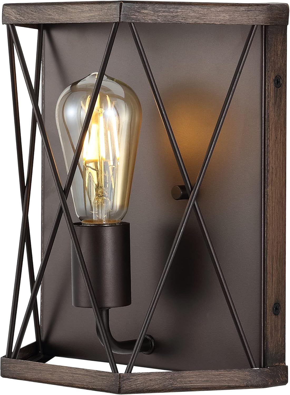 JONATHAN Y 8.25" Wood Finished/Oil Rubbed Bronze 1-Light Iron Sconce, Rustic Farmhouse X-Frame Wall Lantern for Entryway Hallway, Modern Industrial, LED Bulb Included JYL1309A