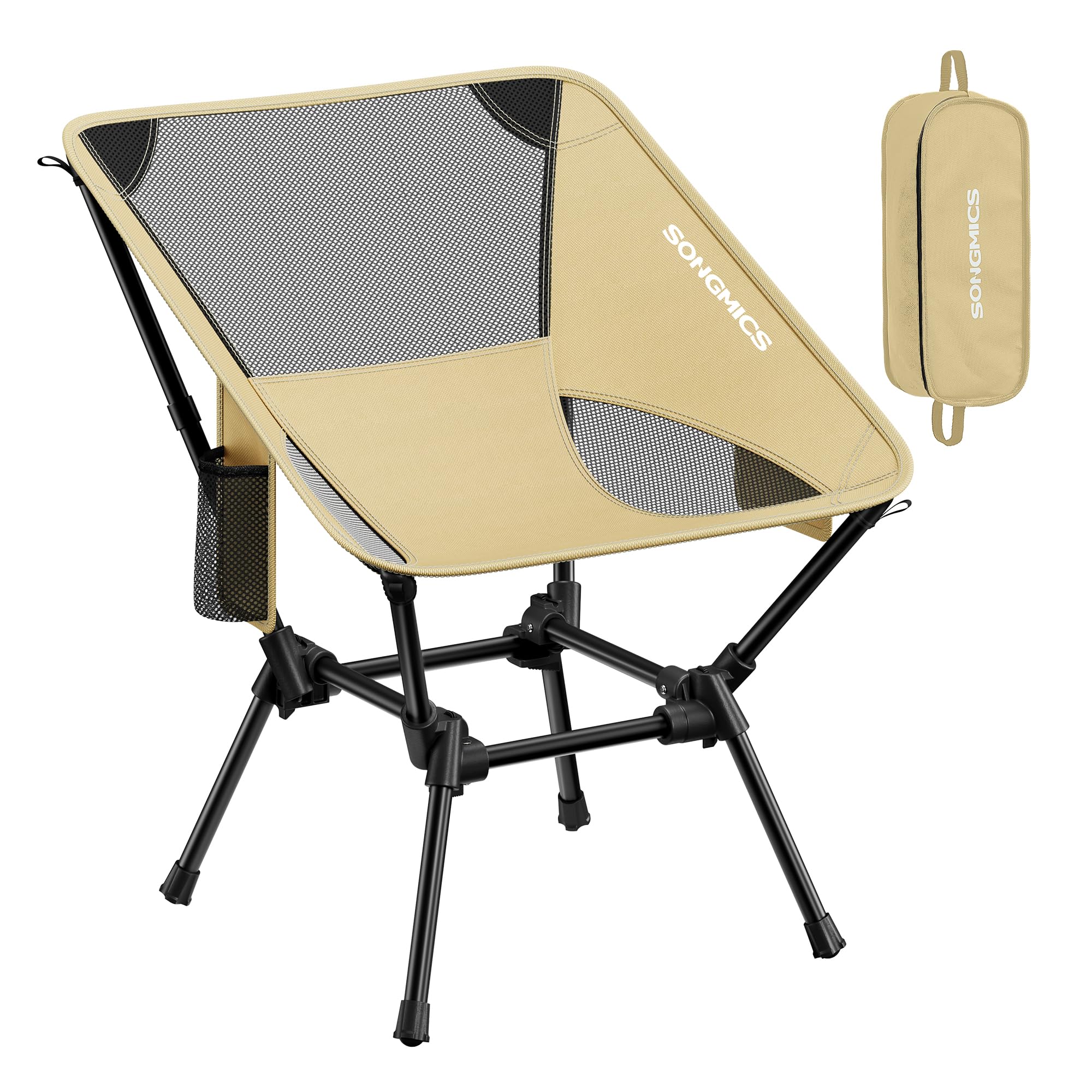 SONGMICS Camping Chair, Lightweight Folding Beach Chair, Adjustable Height, Steel Frame, Supports 150 kg, 2 Storage Pockets, Portable for Outdoor Travel, Brown GCB050KZ01