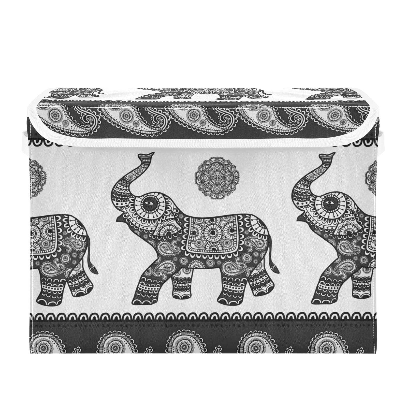 Oyihfvs Vintage Indian Tribal Enthic Elephants Black White Foldable Cube Storage Basket Collapsible Fabric with Lidded Sturdy Handles Organizer Box for Home Bedroom 16.5 x 12.6 x 11.8 in