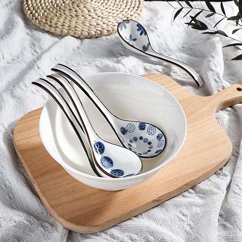 Miniatura 5 de Juego de 4 cucharas de sopa de cerámica japonesas de porcelana con mango largo, juegos de cucharas de sopa asiática para fideos Pho Ramen, arroz
