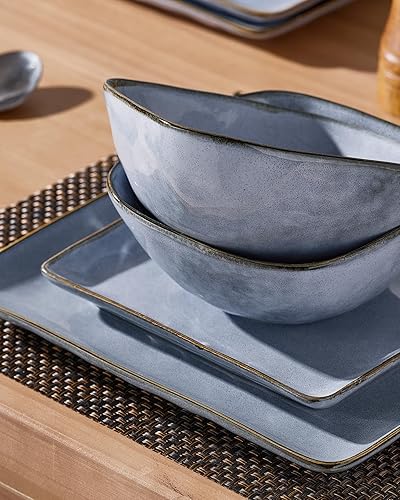 Miniatura 4 de Famiware Juego de vajilla para 4, Juego de 12 piezas de platos y cuencos de cocina Ocean Square, esmaltado reactivo, apto para lavavajillas y