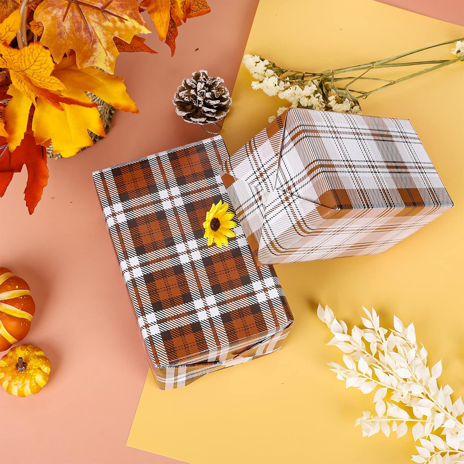 Whaline 12 Sheet Fall Gift Wrapping Paper 6 Design Orange Buffalo Plaids Printed Wrapping Sheet Autumn Theme Decorative Art DIY Craft Paper for Fall Celebration Gift Packing, 19.7 x 27.6 Inch image 4