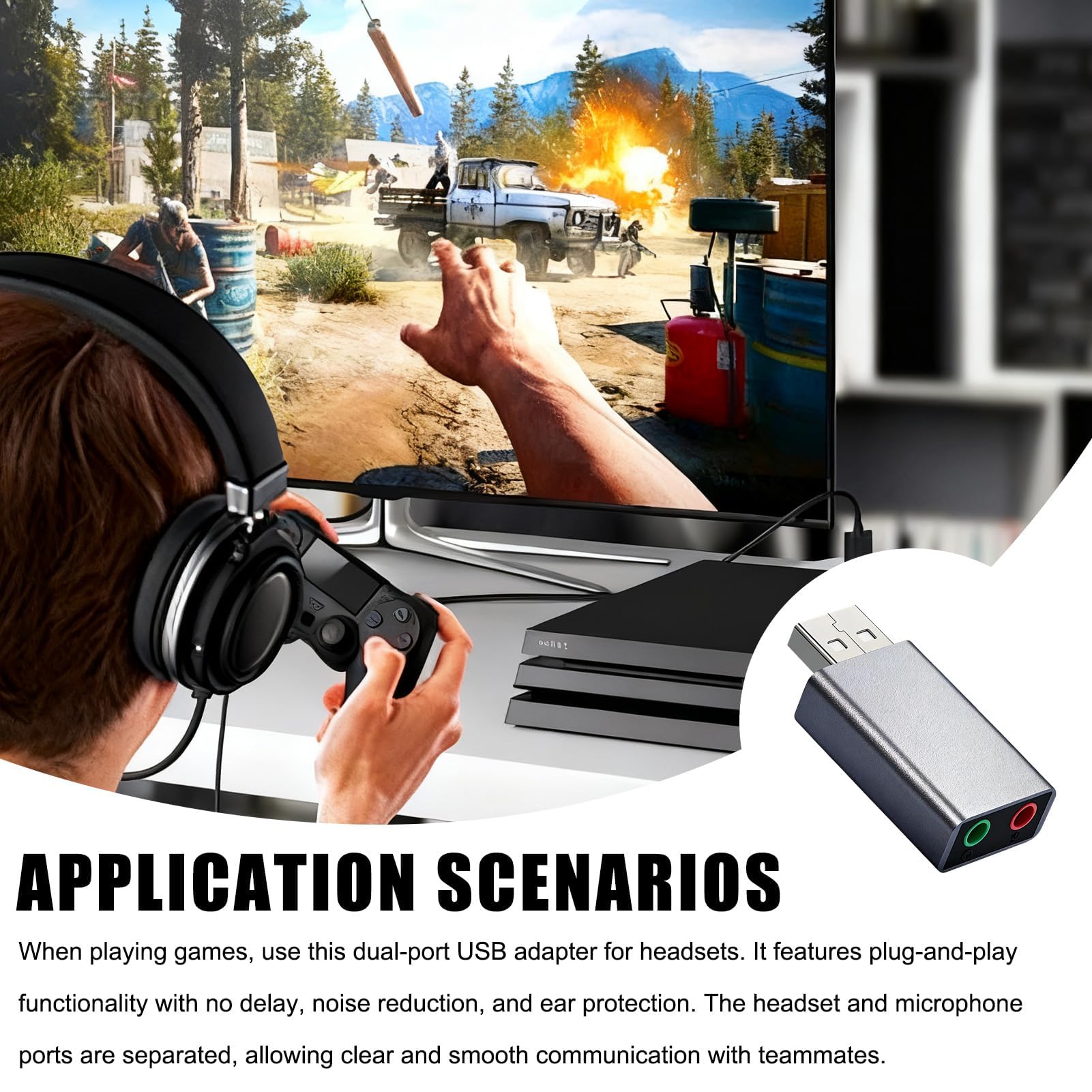 Adaptador USB a Jack 3.5 mm, Tarjeta de Sonido USB Externa para PC Laptop PS4 Auriculares con Micrófono, Adaptador de Audio 3D Compatible con Windows, Mac, Linux, Altavoces y Auriculares