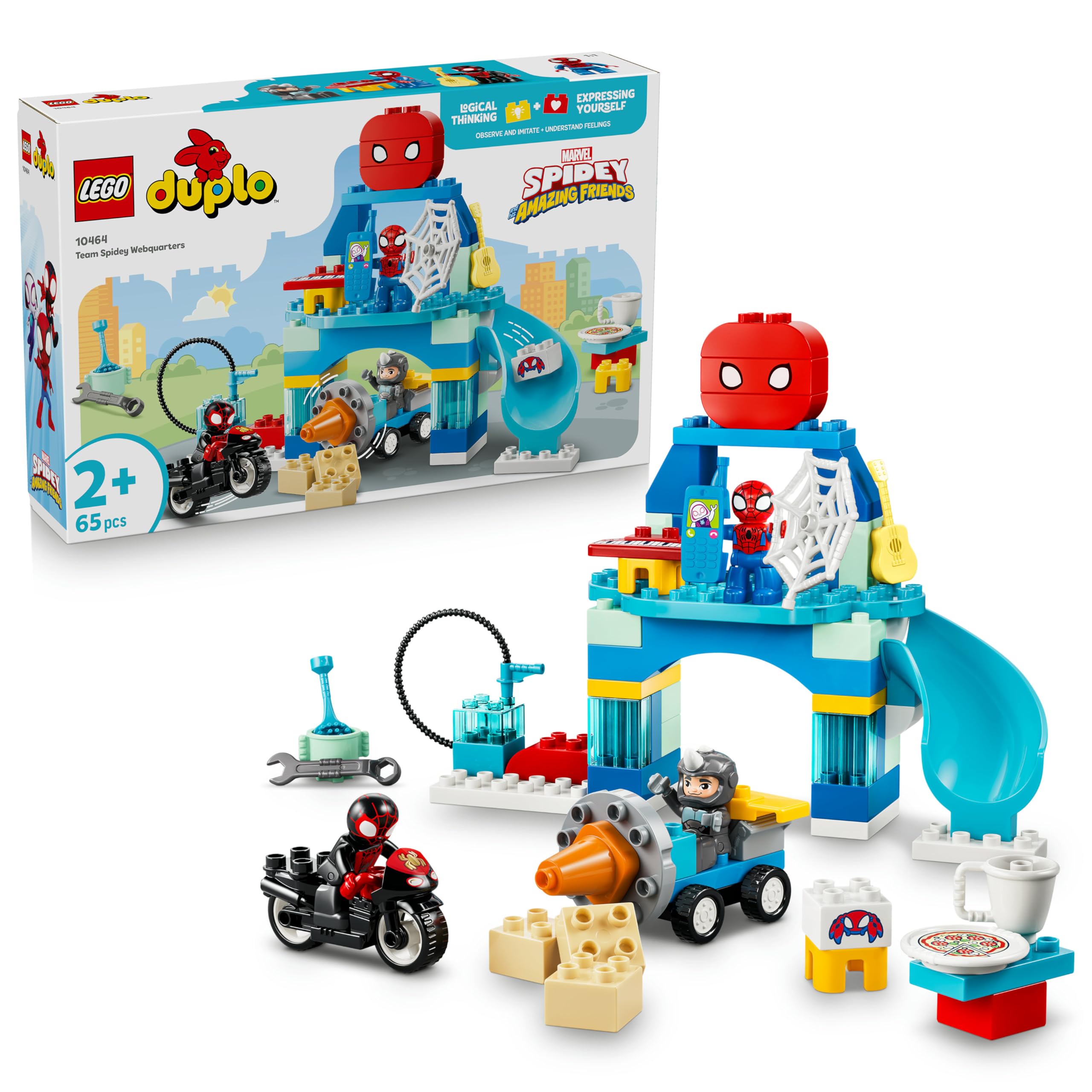 LEGO Duplo Marvel Aracnocuartel de Spidey y su Superequipo – Superhéroes de Juguete con Moto y 3 Figuras – Juego Educativo para la Motricidad Fina – Regalo para Niños de 2+ Años – 10464
