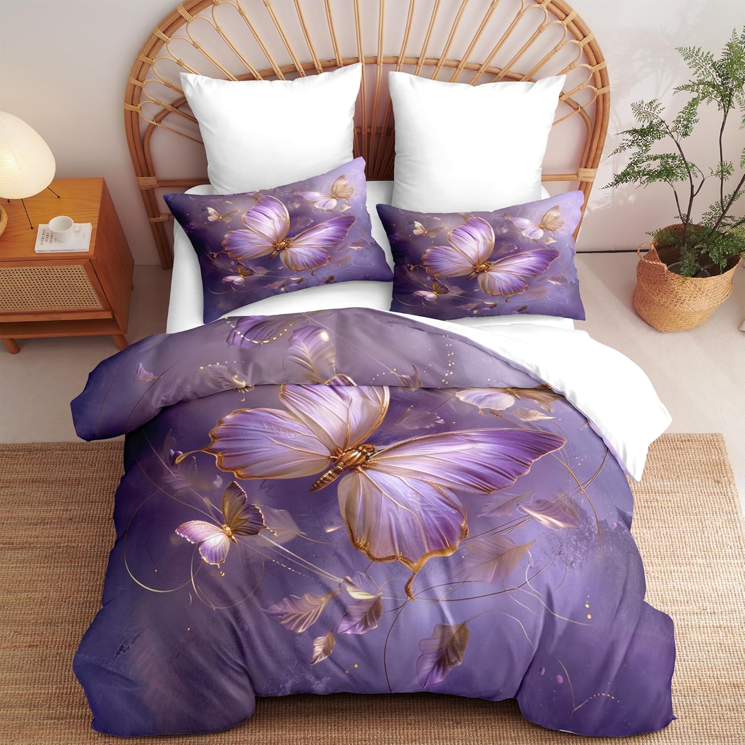 Purple Butterfly Comforter Set Queen Size Pink Botanical Flower Bedding Sets 3Pcs Boho Animal Soft Fluffy Comforter for Girls Women Adult, 90"X90"