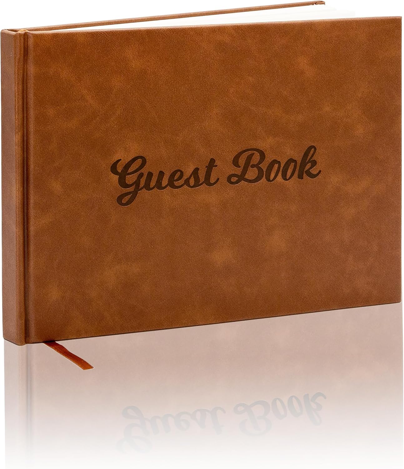 Brown PU Leather Guest Book - 9.5 x 7 Embossed Guestbook with Name Address Message Lines for Wedding Funeral Retirement Party, 140 GSM Paper, 120 Pages